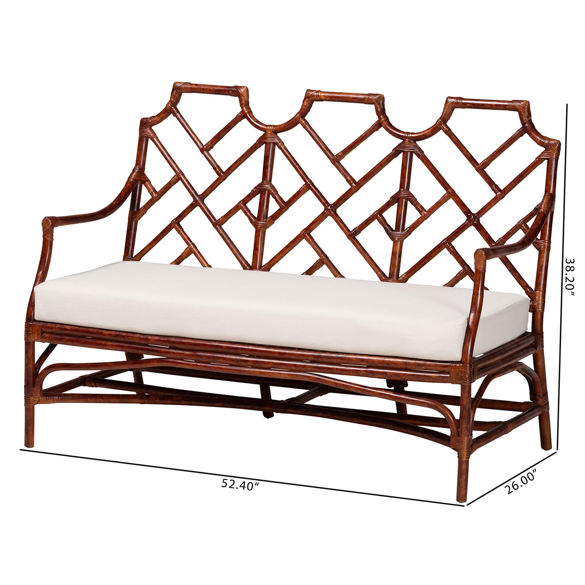 bali & pari Aella Marbled Tortoise Natural Rattan Loveseat Bench with Cushion - Handcrafted Boho Style Settee with Open Back and Curved Arms for Living Room, Entryway or Sunroom