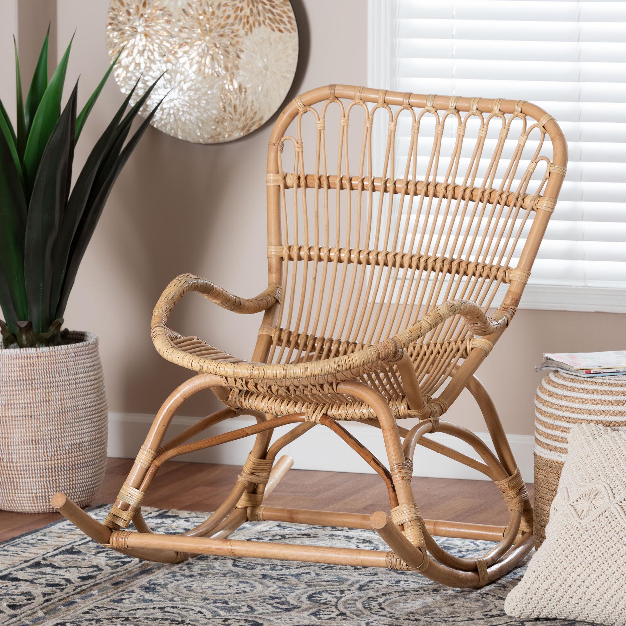 bali & pari Mahin Natural Rattan Rocking Chair - Handwoven Wicker Accent Rocker with Curved Armrests and High Back, Boho Coastal Lounge Chair for Living Room or Sunroom