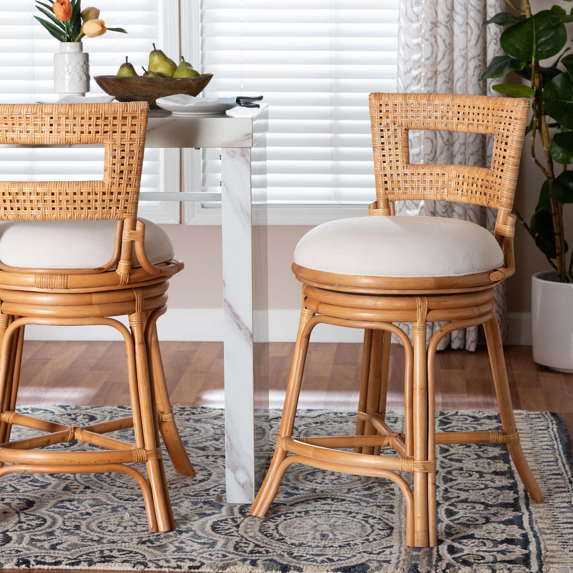 bali & pari Amina Natural Rattan Counter Stool - Handwoven Wicker Stool with Swivel Seat and Upholstered Cushion, Boho Coastal Seating with Footrest for Kitchen Island or Lounge