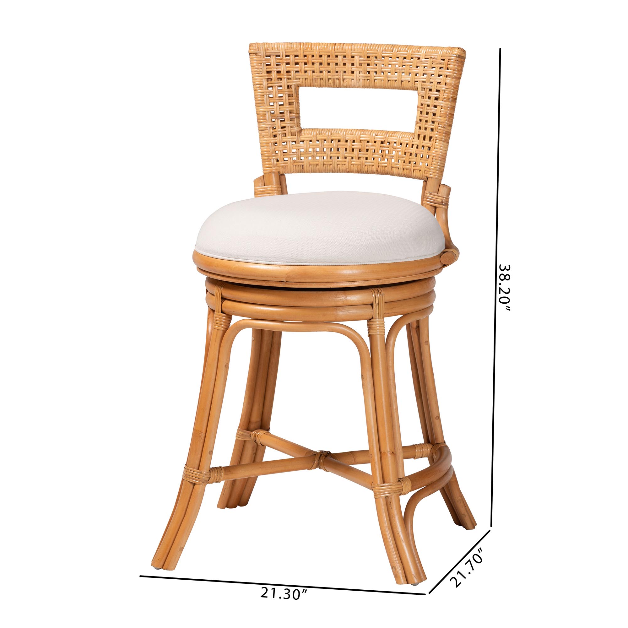 bali & pari Amina Natural Rattan Counter Stool - Handwoven Wicker Stool with Swivel Seat and Upholstered Cushion, Boho Coastal Seating with Footrest for Kitchen Island or Lounge