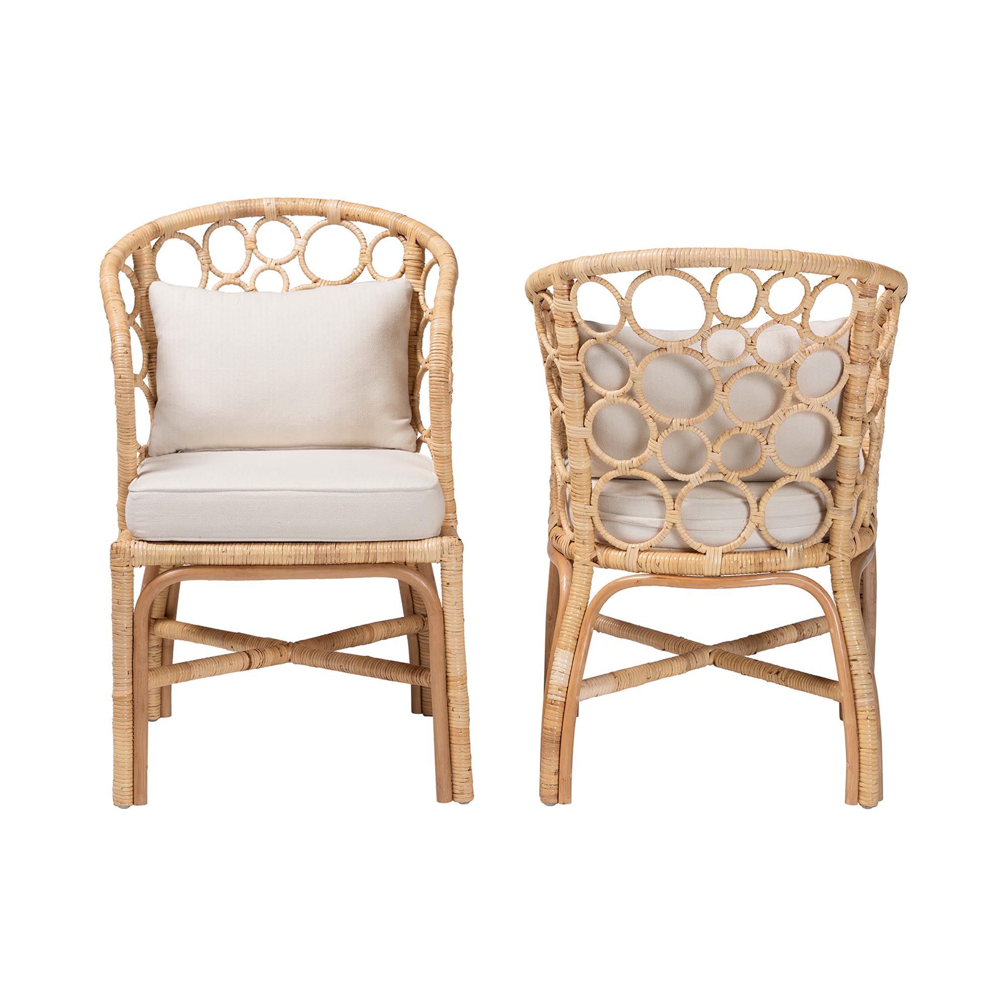 bali & pari Prisca Natural Rattan 2-Piece Dining Chair Set with Bubble Frame - Handwoven Wicker Accent Chair with Round Back and Removable Cushions for Kitchen or Dining Room