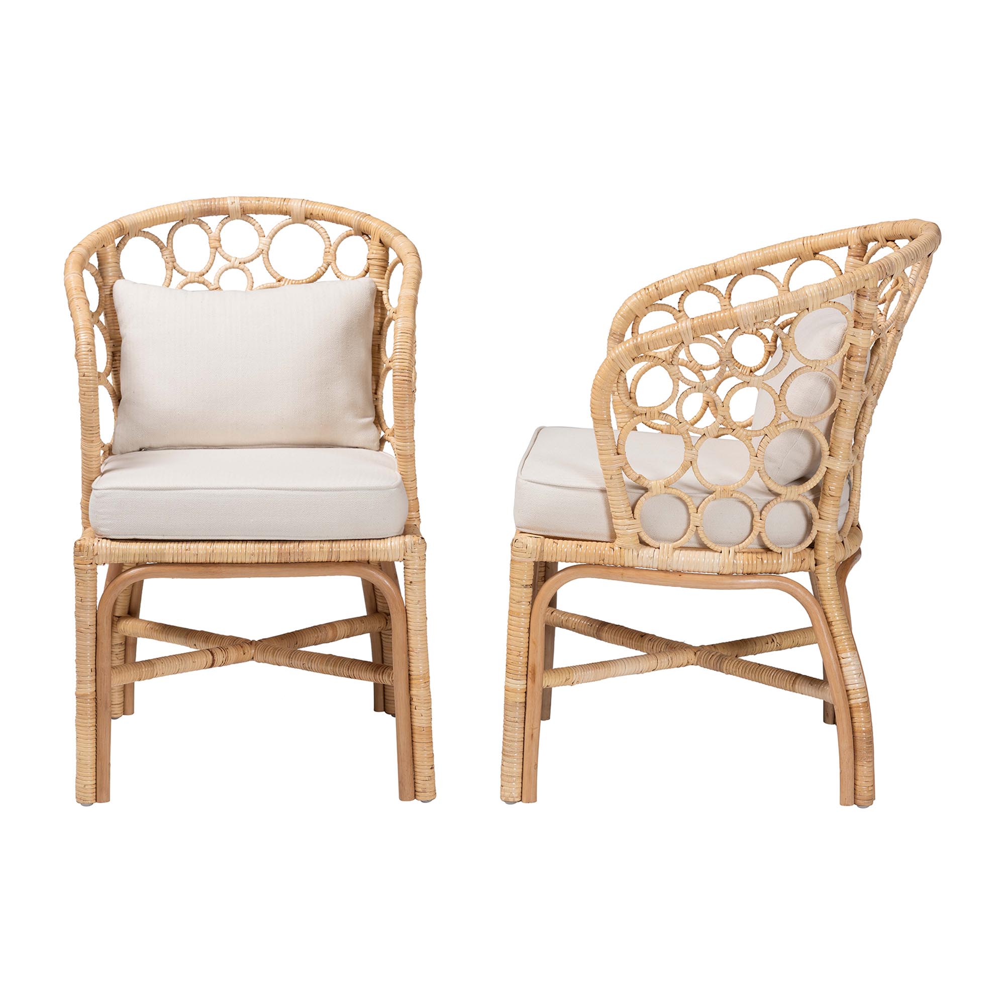bali & pari Prisca Natural Rattan 2-Piece Dining Chair Set with Bubble Frame - Handwoven Wicker Accent Chair with Round Back and Removable Cushions for Kitchen or Dining Room