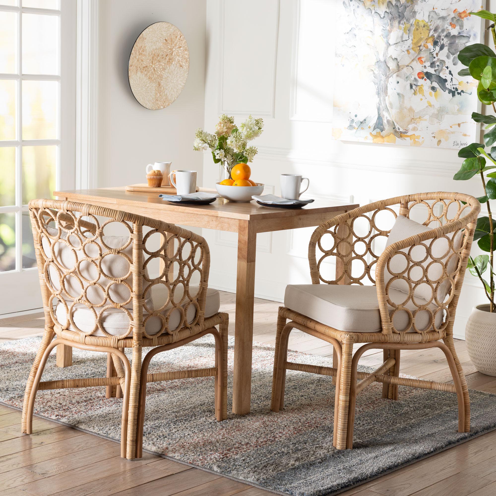 bali & pari Prisca Natural Rattan 2-Piece Dining Chair Set with Bubble Frame - Handwoven Wicker Accent Chair with Round Back and Removable Cushions for Kitchen or Dining Room