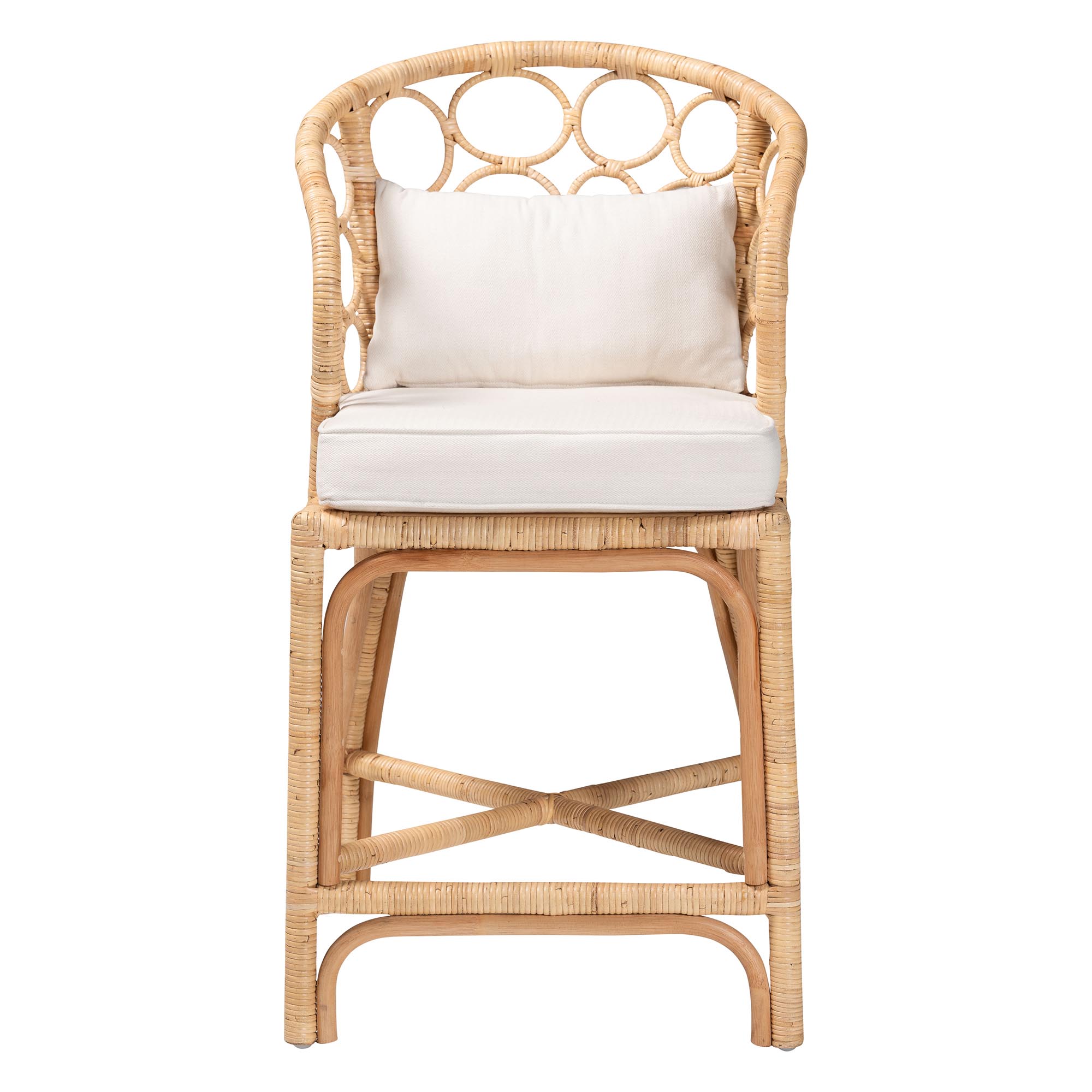 bali & pari Prisca Natural Rattan Counter Stool with Bubble Frame - Handwoven Wicker Accent Stool with Round Back and Removable Cushions for Kitchen Island or Lounge