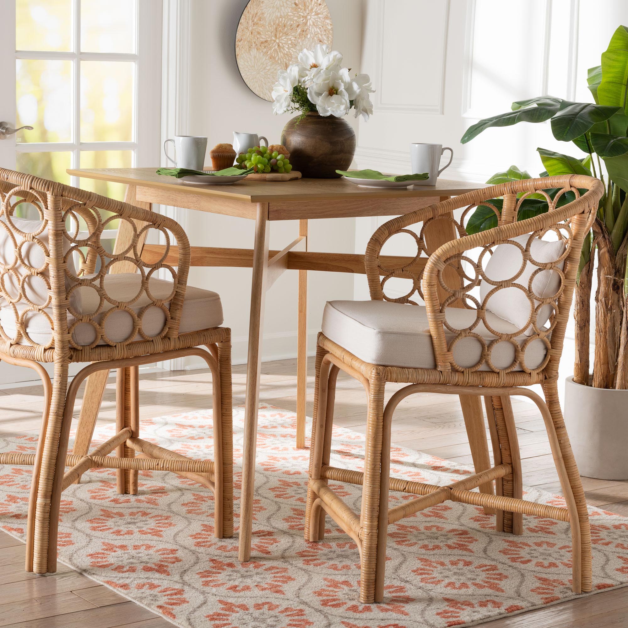 bali & pari Prisca Natural Rattan Counter Stool with Bubble Frame - Handwoven Wicker Accent Stool with Round Back and Removable Cushions for Kitchen Island or Lounge