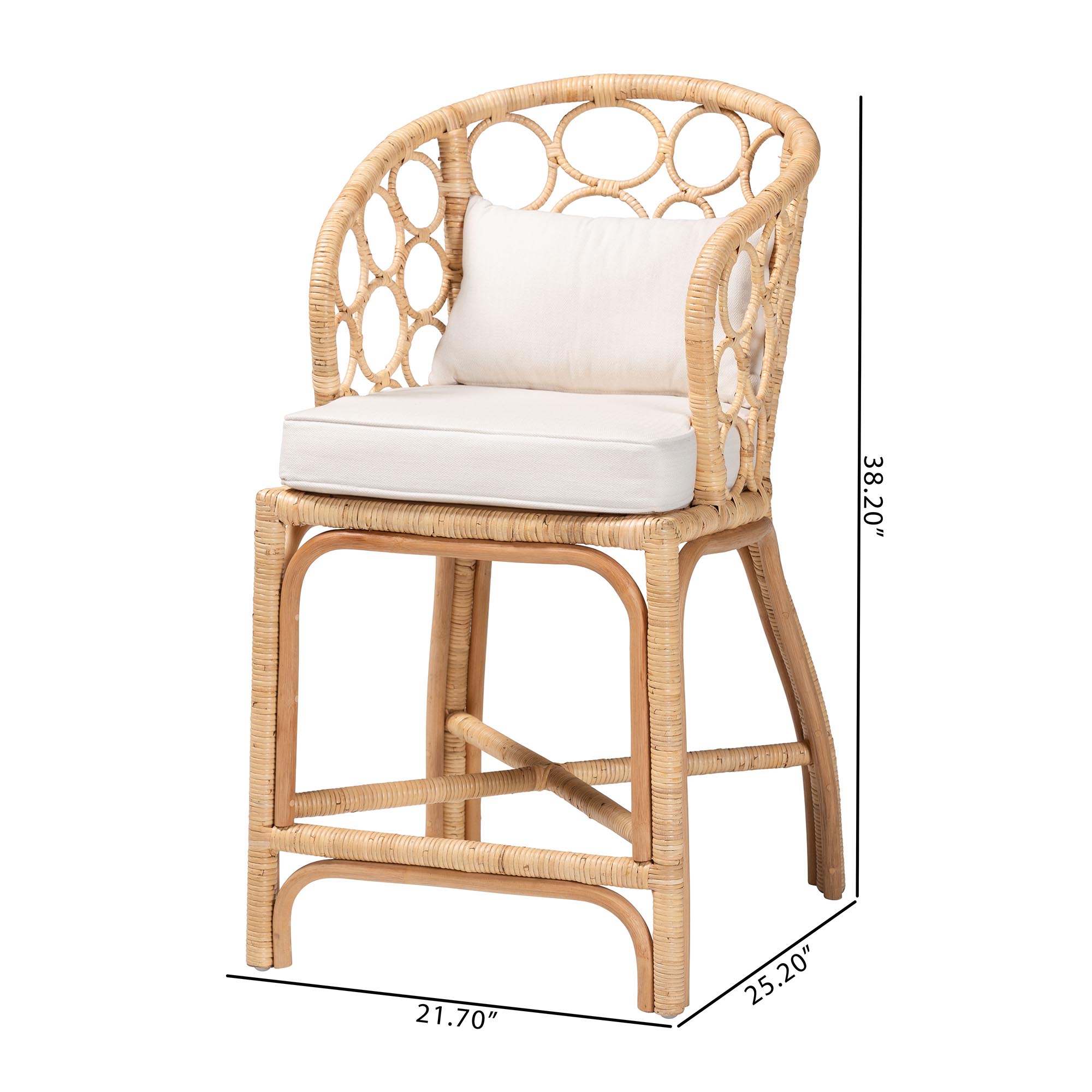 bali & pari Prisca Natural Rattan Counter Stool with Bubble Frame - Handwoven Wicker Accent Stool with Round Back and Removable Cushions for Kitchen Island or Lounge