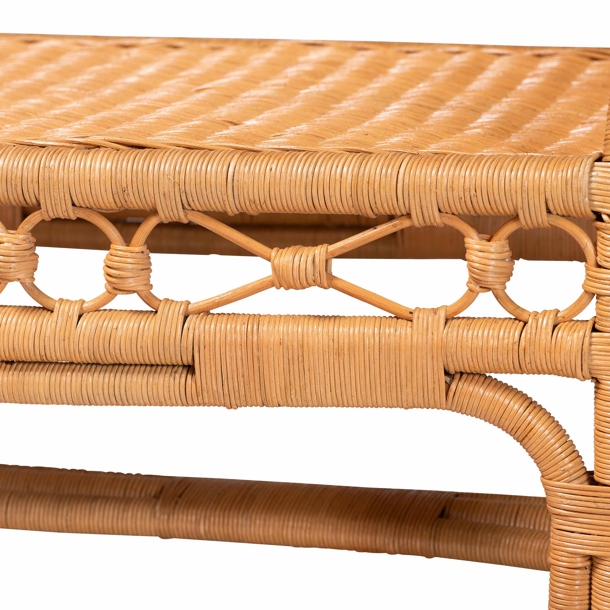 bali & pari Ayala Natural Rattan Accent Bench - Handwoven Wicker Accent Seating with Decorative Apron and Integrated Handles for Living Room, Bedroom, Or Entryway