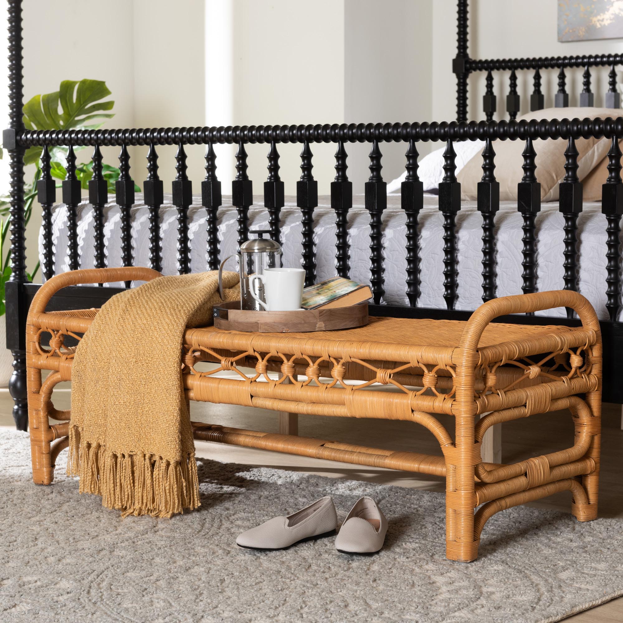 bali & pari Ayala Natural Rattan Accent Bench - Handwoven Wicker Accent Seating with Decorative Apron and Integrated Handles for Living Room, Bedroom, Or Entryway