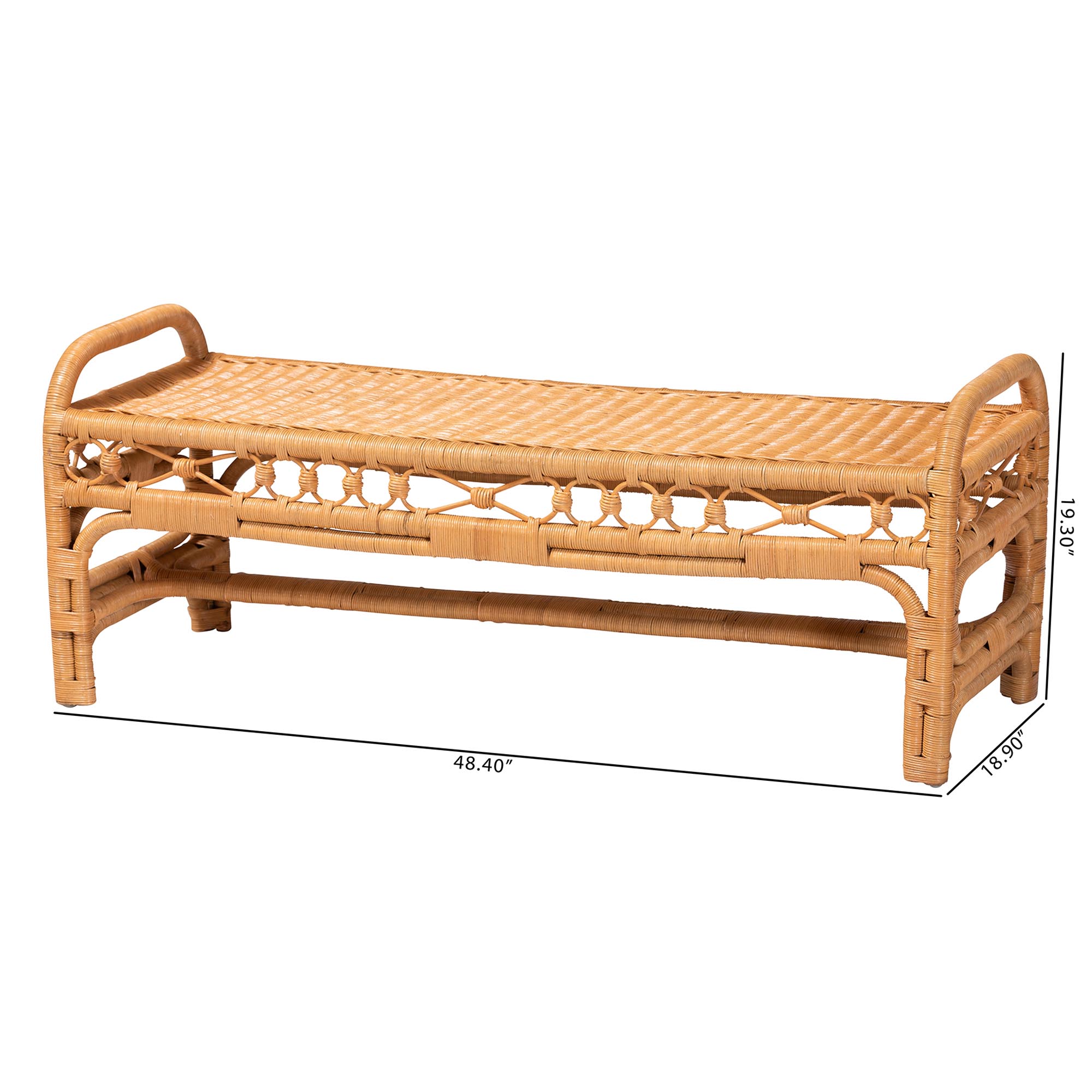 bali & pari Ayala Natural Rattan Accent Bench - Handwoven Wicker Accent Seating with Decorative Apron and Integrated Handles for Living Room, Bedroom, Or Entryway