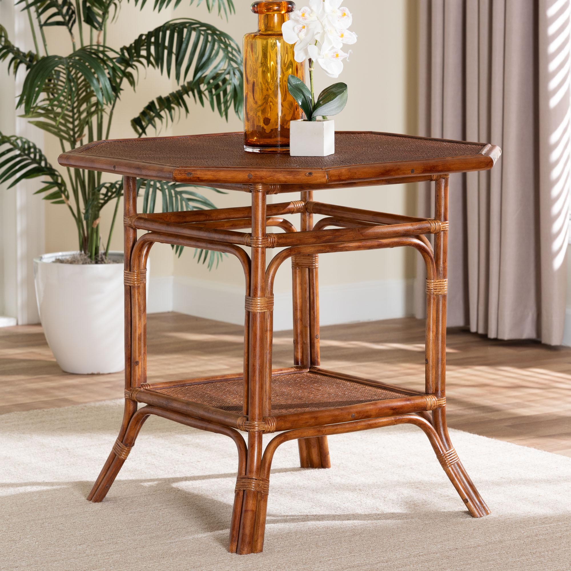 bali & pari Jayanti Marbled Tortoise Natural Rattan Dining Table - Handwoven Wicker Bistro Table with Open Shelf