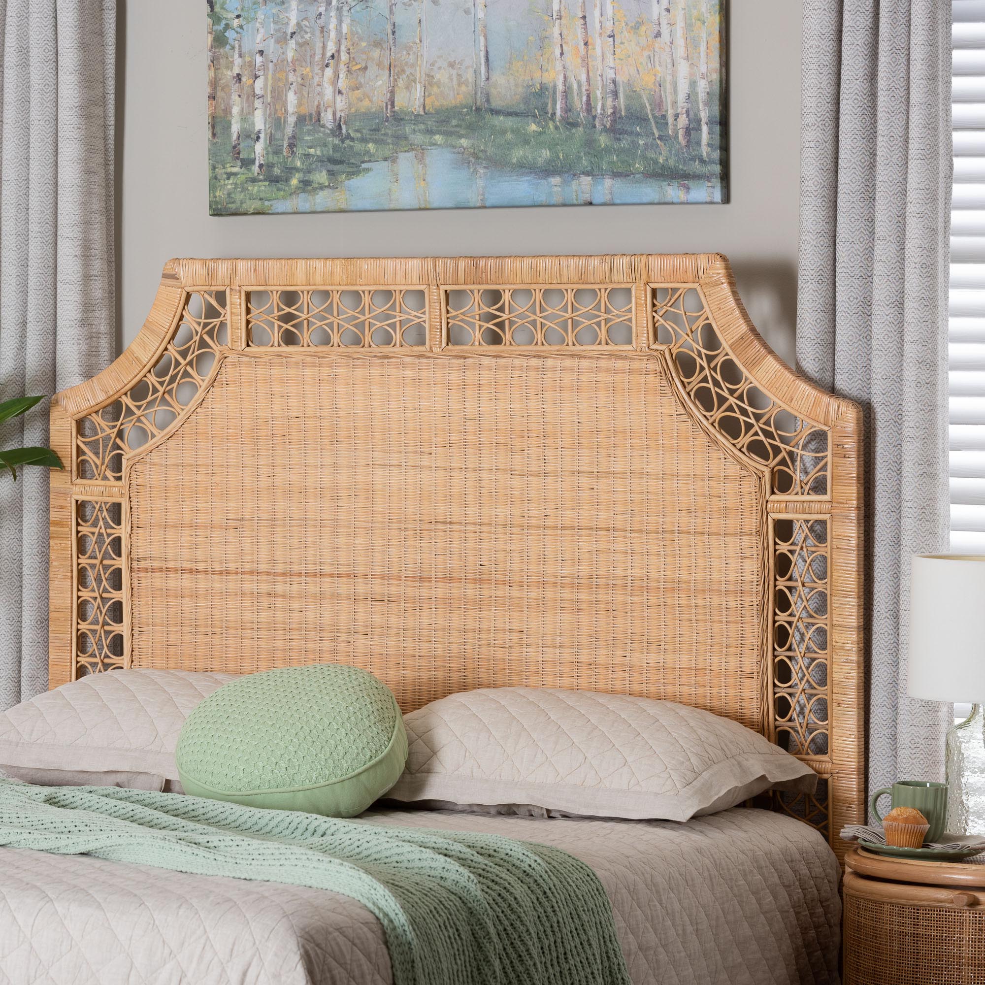 bali & pari Hekima Natural Rattan Standalone Headboard - Coastal Boho Style Handwoven Wicker Bed Backdrop, Queen