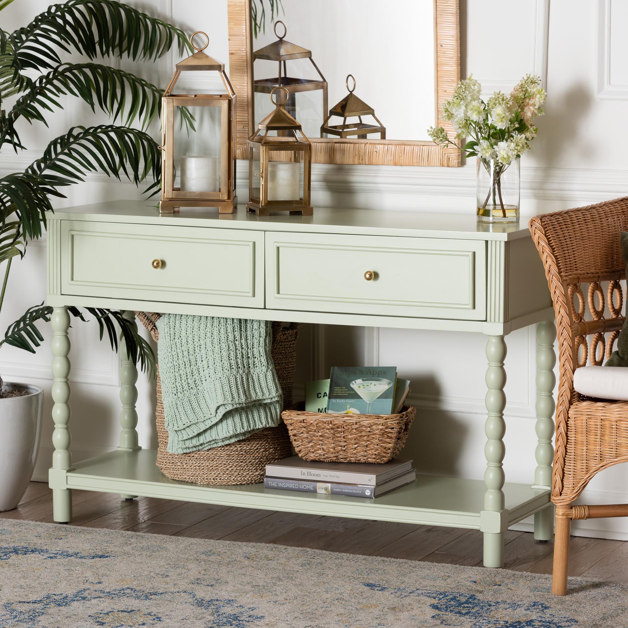 bali & pari Karnia Console Table with Spindle Legs - 2-Drawer Accent Table with Turned Detailing and Open Shelf Storage for Living Room, Hallway, or Bedroom