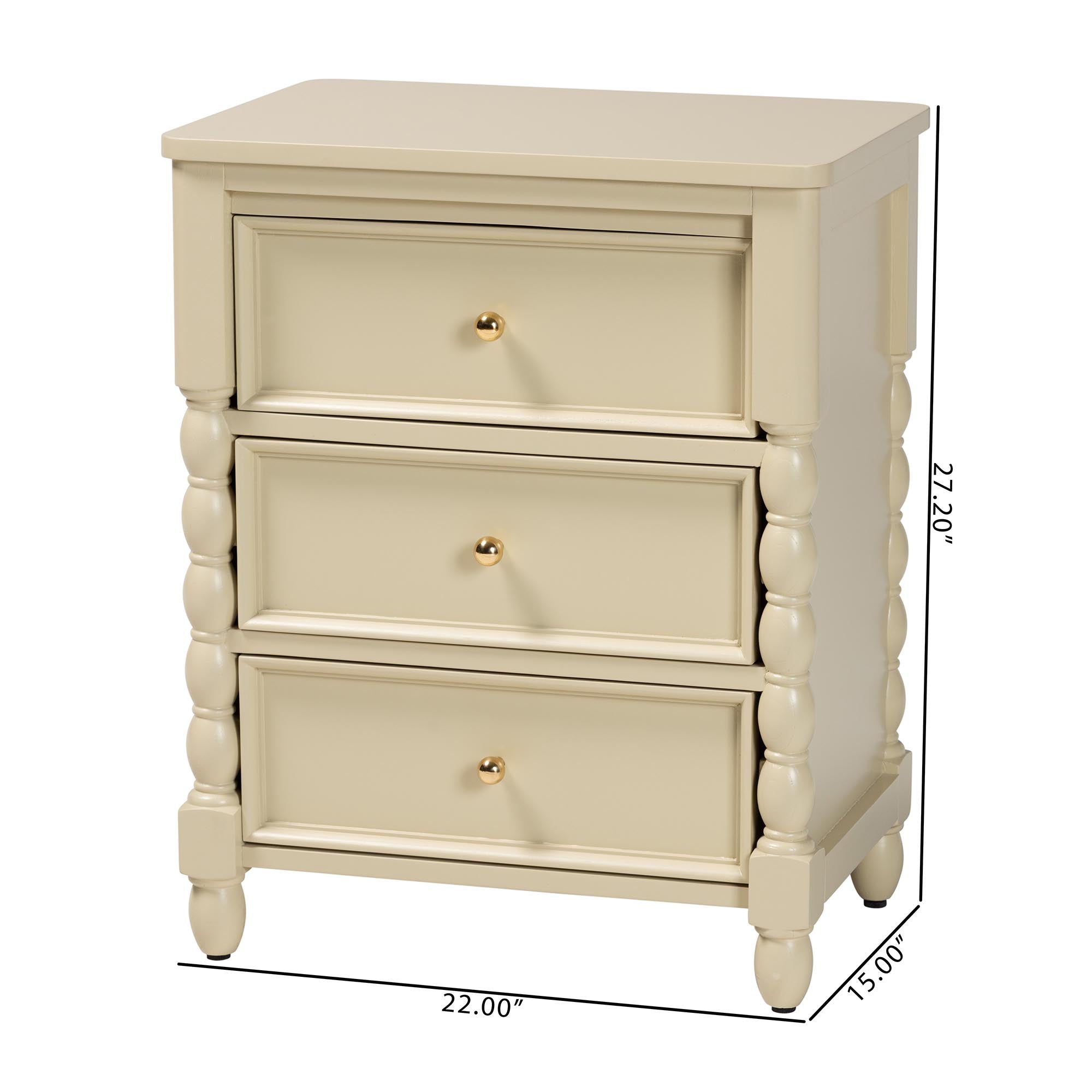 bali & pari Kyla Nightstand with Spindle Legs - 3-Drawer Bedside Table with Turned Detailing and Inset Paneling