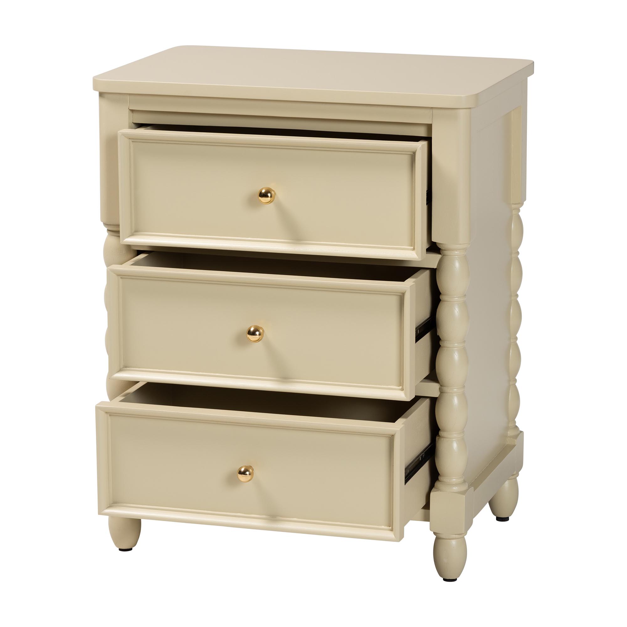 bali & pari Kyla Nightstand with Spindle Legs - 3-Drawer Bedside Table with Turned Detailing and Inset Paneling