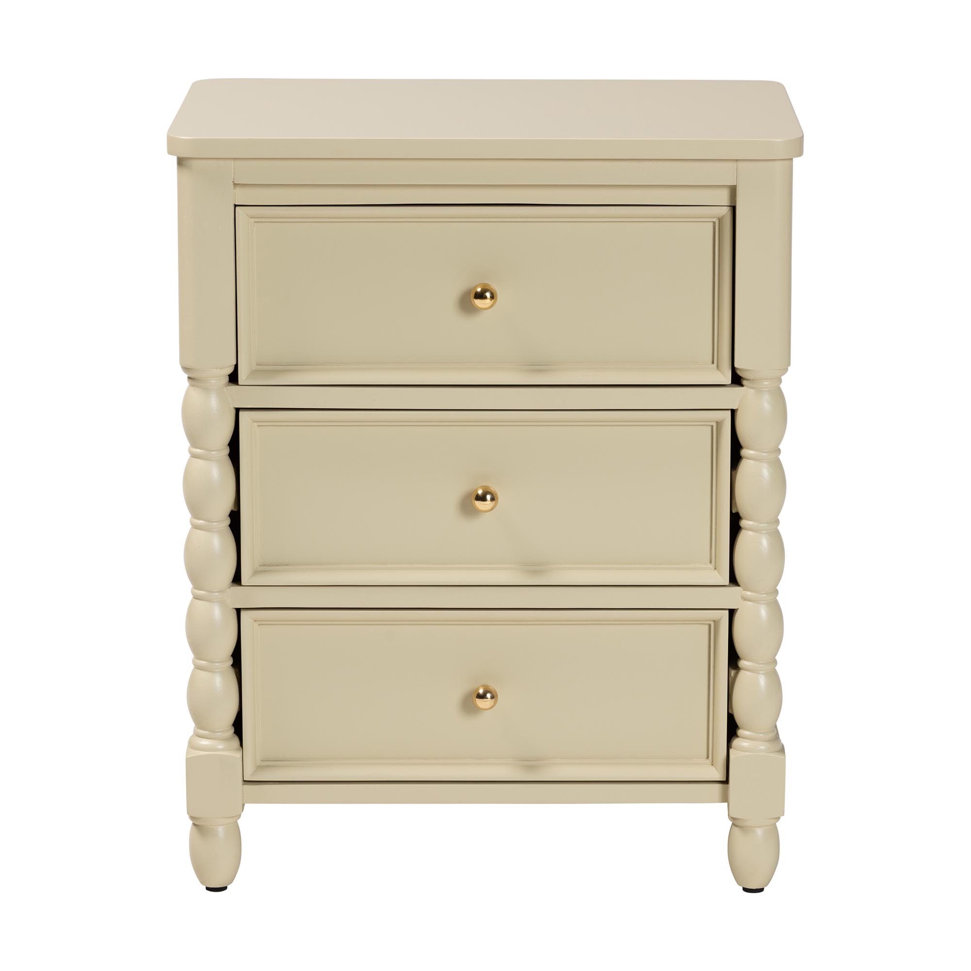 bali & pari Kyla Nightstand with Spindle Legs - 3-Drawer Bedside Table with Turned Detailing and Inset Paneling