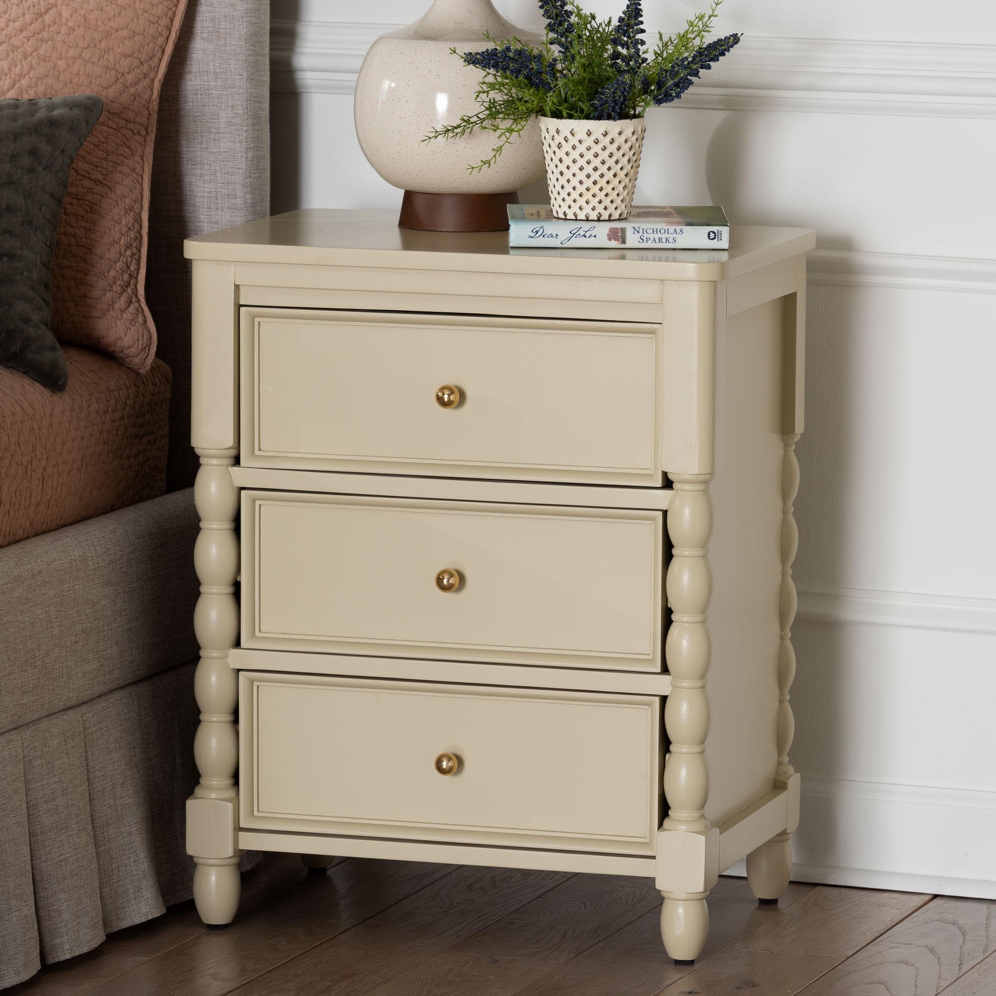 bali & pari Kyla Nightstand with Spindle Legs - 3-Drawer Bedside Table with Turned Detailing and Inset Paneling