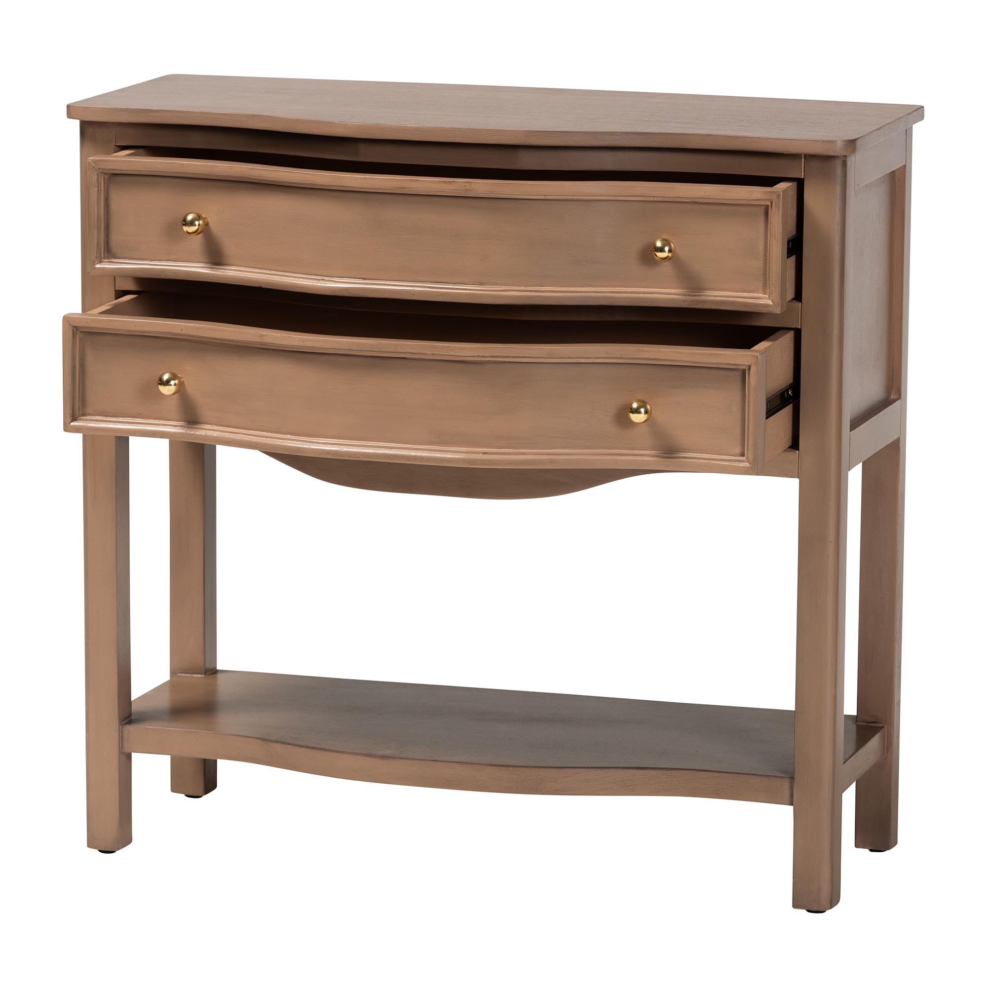 bali & pari Kelila Console Table with Curved Front - 2-Drawer Entryway Table with Open Shelf and Sculpted Apron for Living Room or Hallway