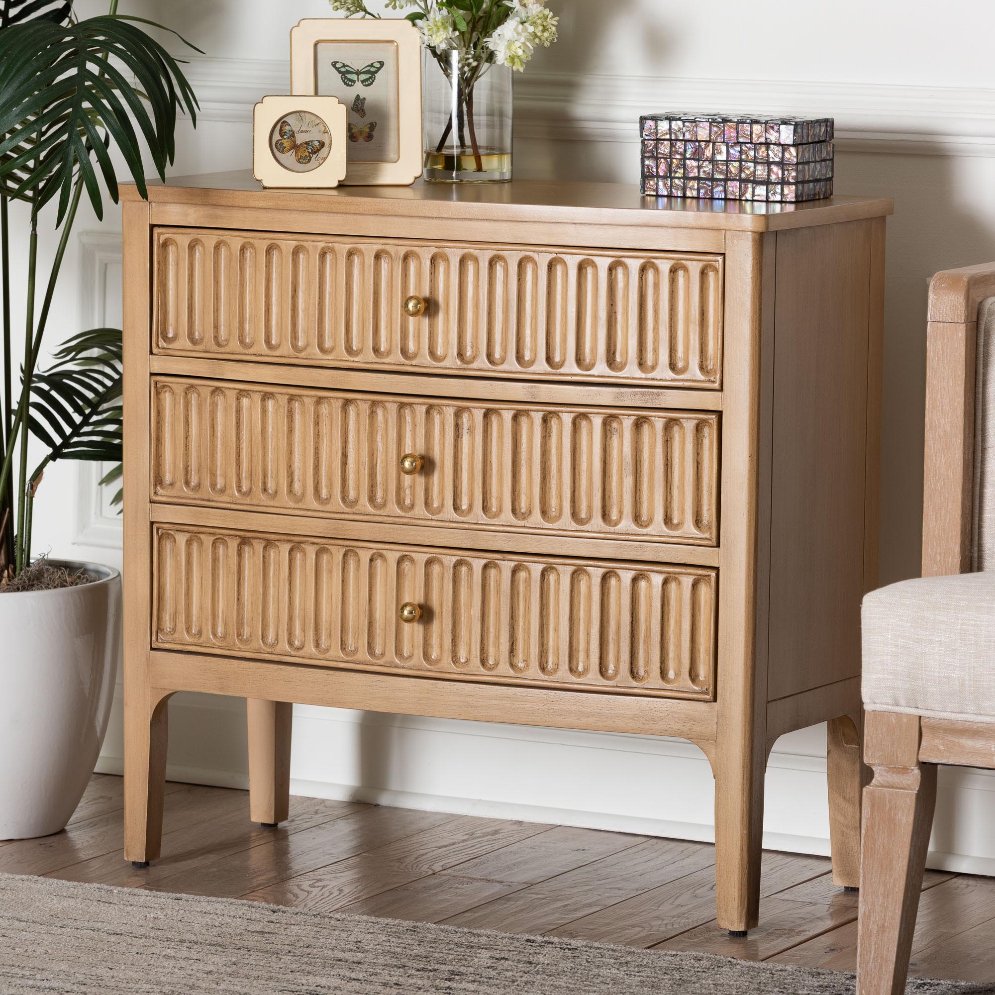 bali & pari Lavi Fluted Wood Chest - 3-Drawer Storage Chest with Textured Drawer Fronts and Round Knobs for Bedroom