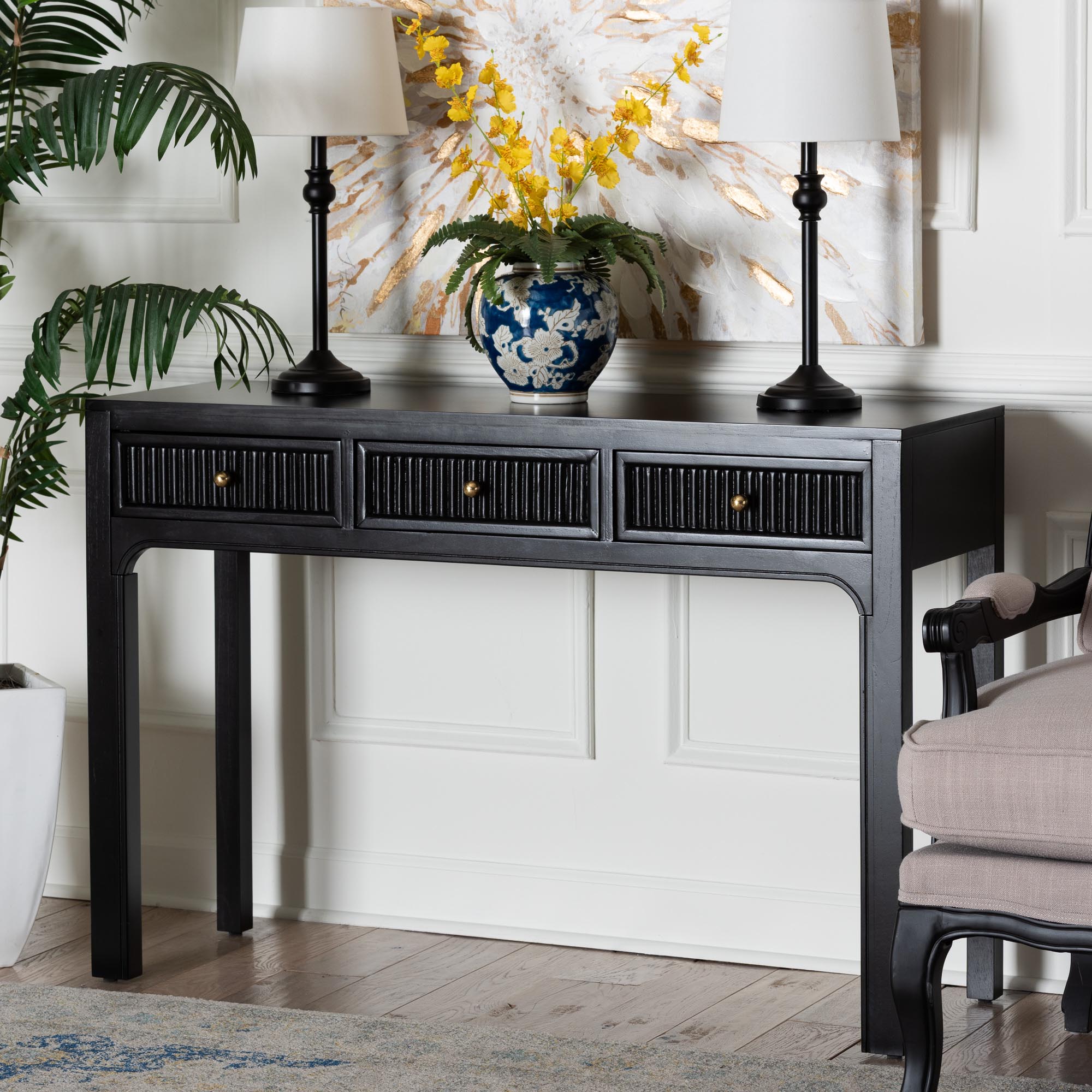 bali & pari Leah Console Table - 3-Drawer Accent Table with Fluted Wood Detailing for Living Room, Hallway, or Entryway