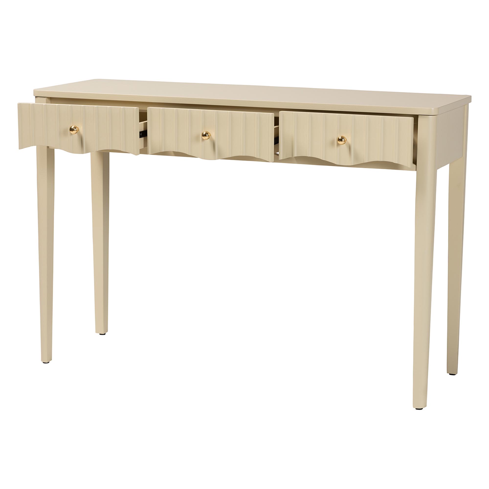 bali & pari Leeba Console Table - 3-Drawer Accent Table with Fluted Wood and Scalloped Framing for Living Room, Hallway, or Entryway