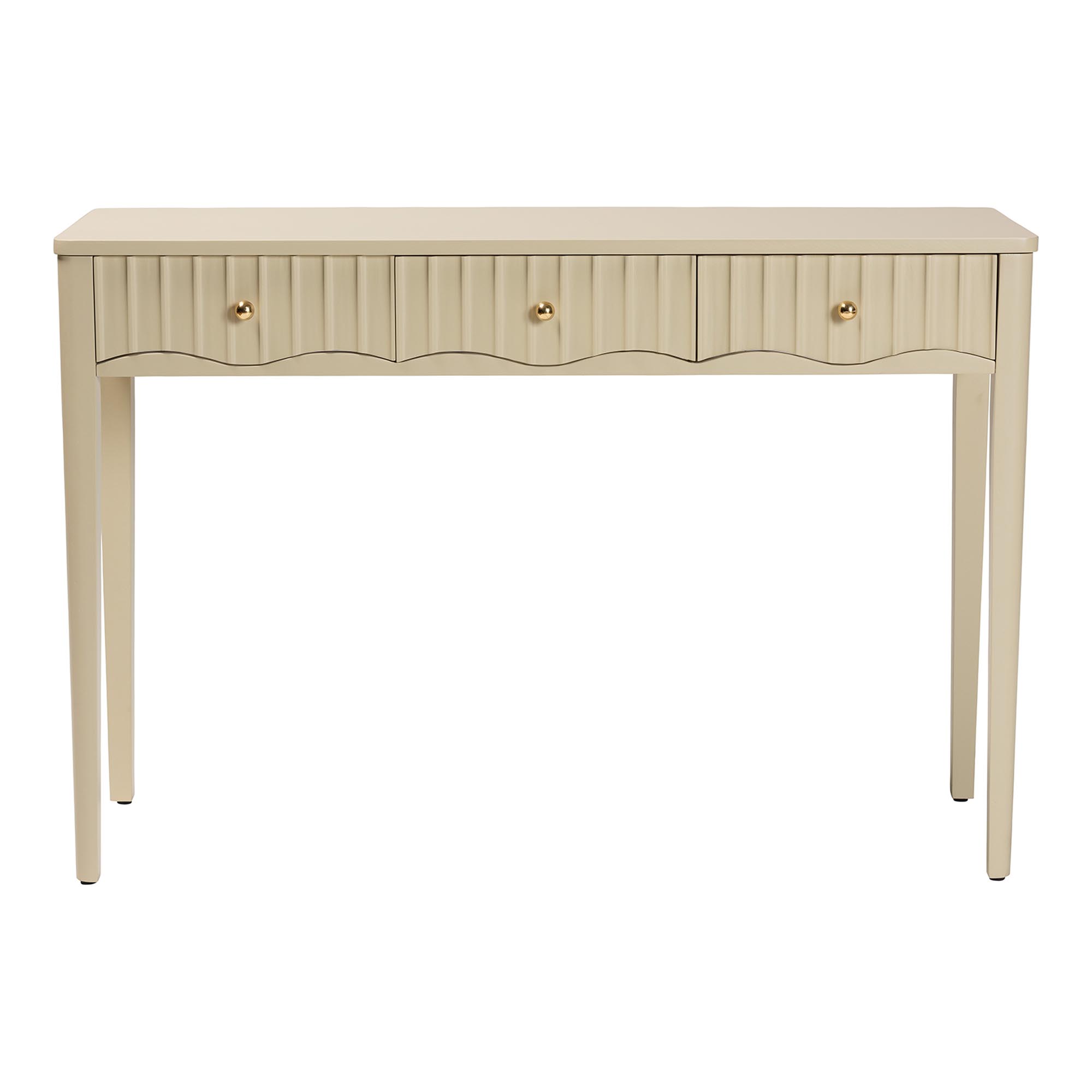 bali & pari Leeba Console Table - 3-Drawer Accent Table with Fluted Wood and Scalloped Framing for Living Room, Hallway, or Entryway