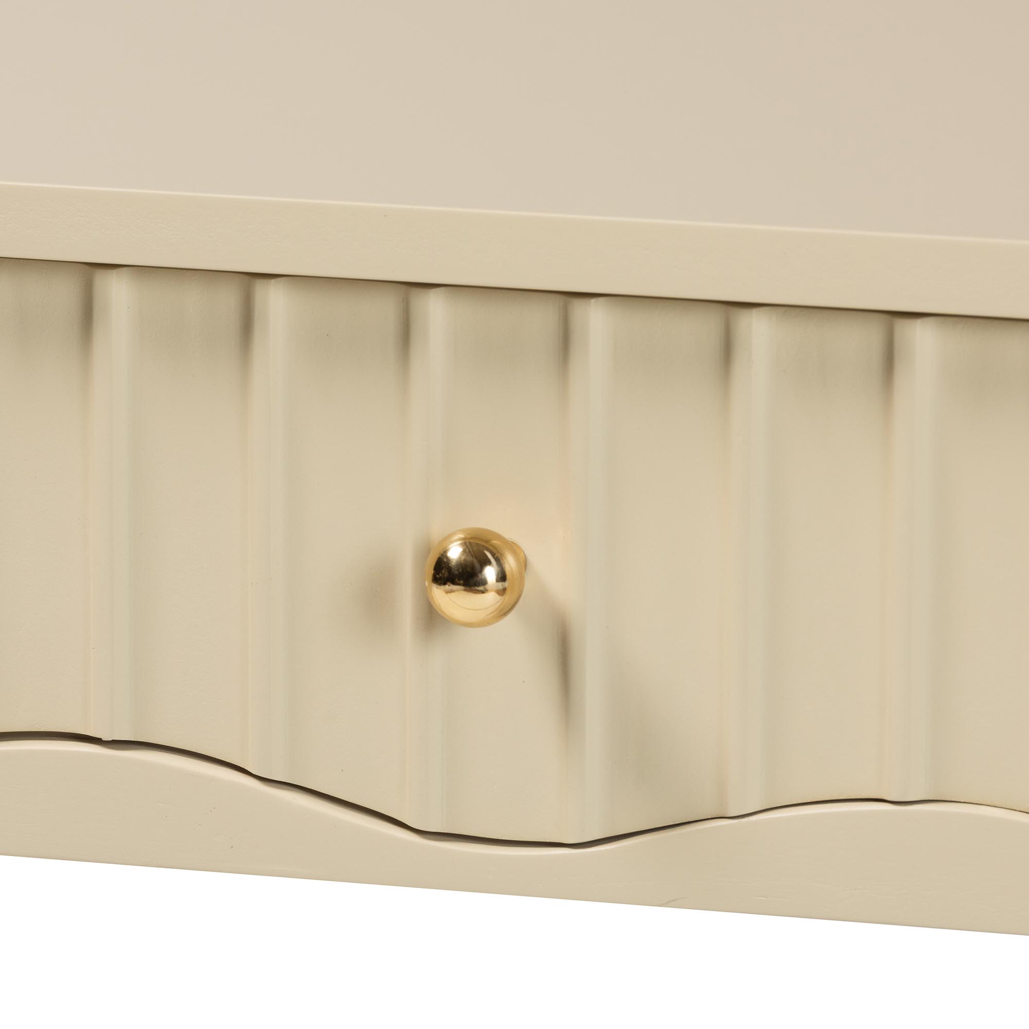 bali & pari Leeba Console Table - 3-Drawer Accent Table with Fluted Wood and Scalloped Framing for Living Room, Hallway, or Entryway