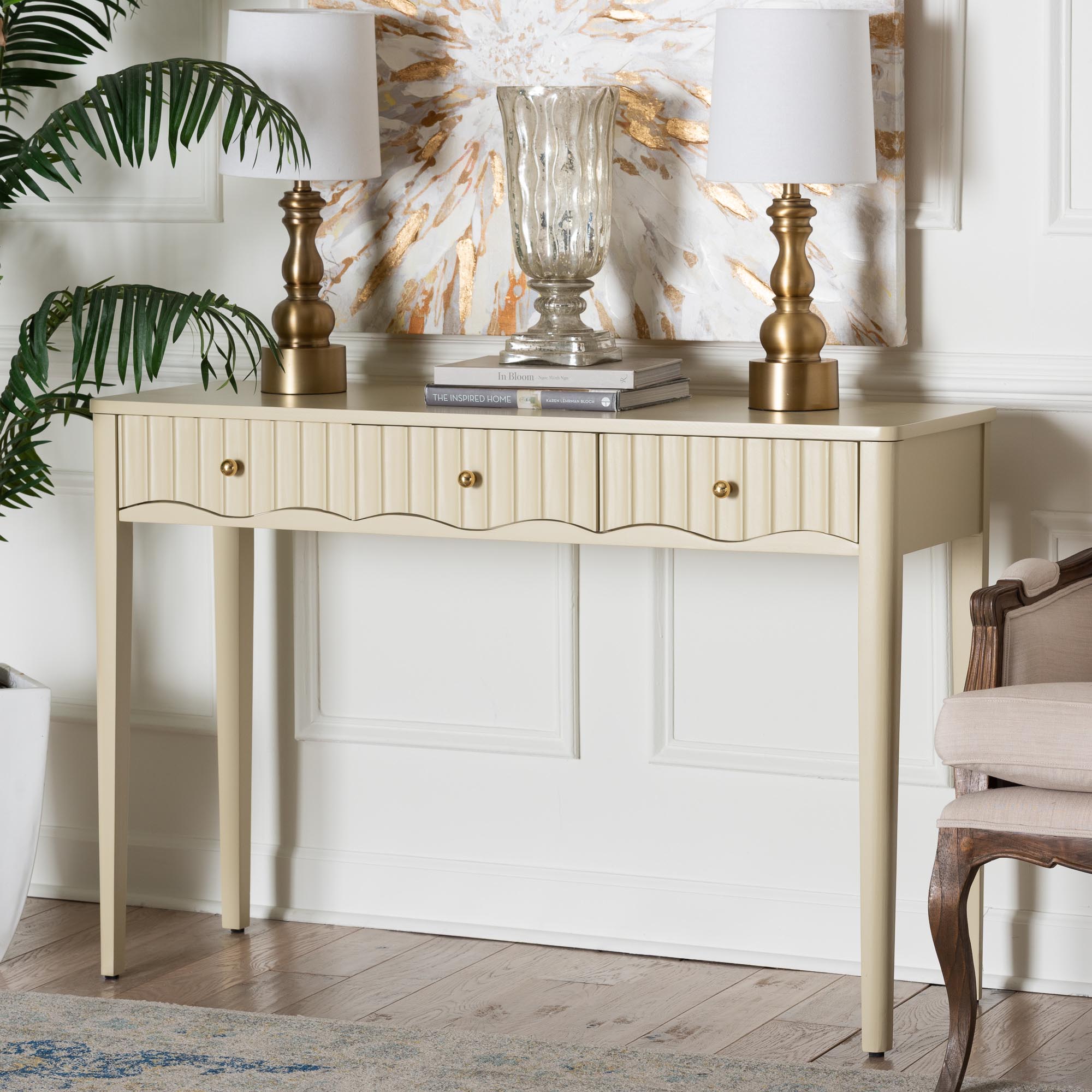 bali & pari Leeba Console Table - 3-Drawer Accent Table with Fluted Wood and Scalloped Framing for Living Room, Hallway, or Entryway