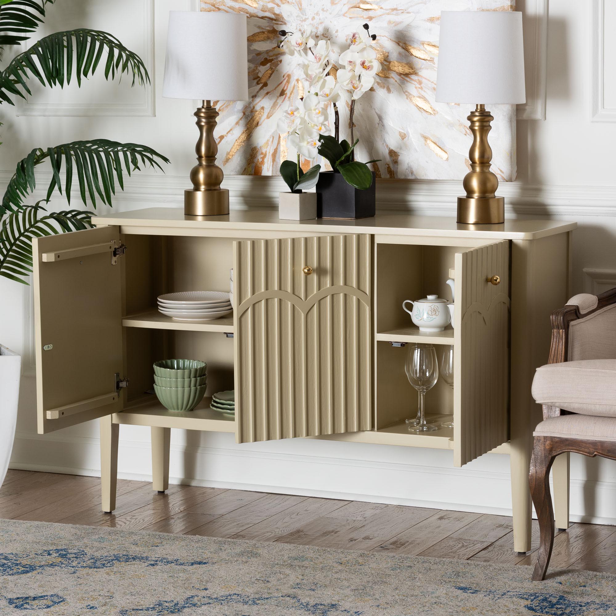 bali & pari Leeba Sideboard - Modern Storage Buffet Console with Fluted Wood and Scalloped Molding for Kitchen or Dining Room