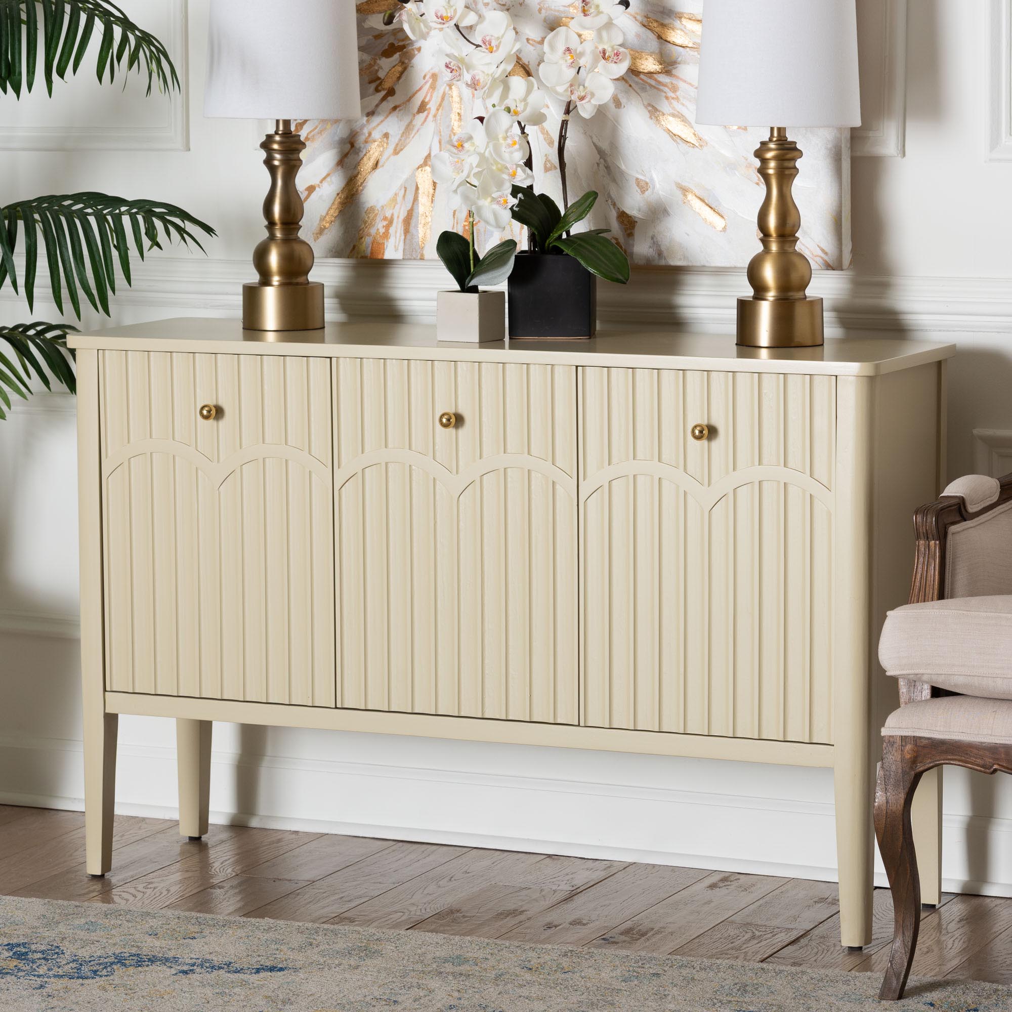 bali & pari Leeba Sideboard - Modern Storage Buffet Console with Fluted Wood and Scalloped Molding for Kitchen or Dining Room