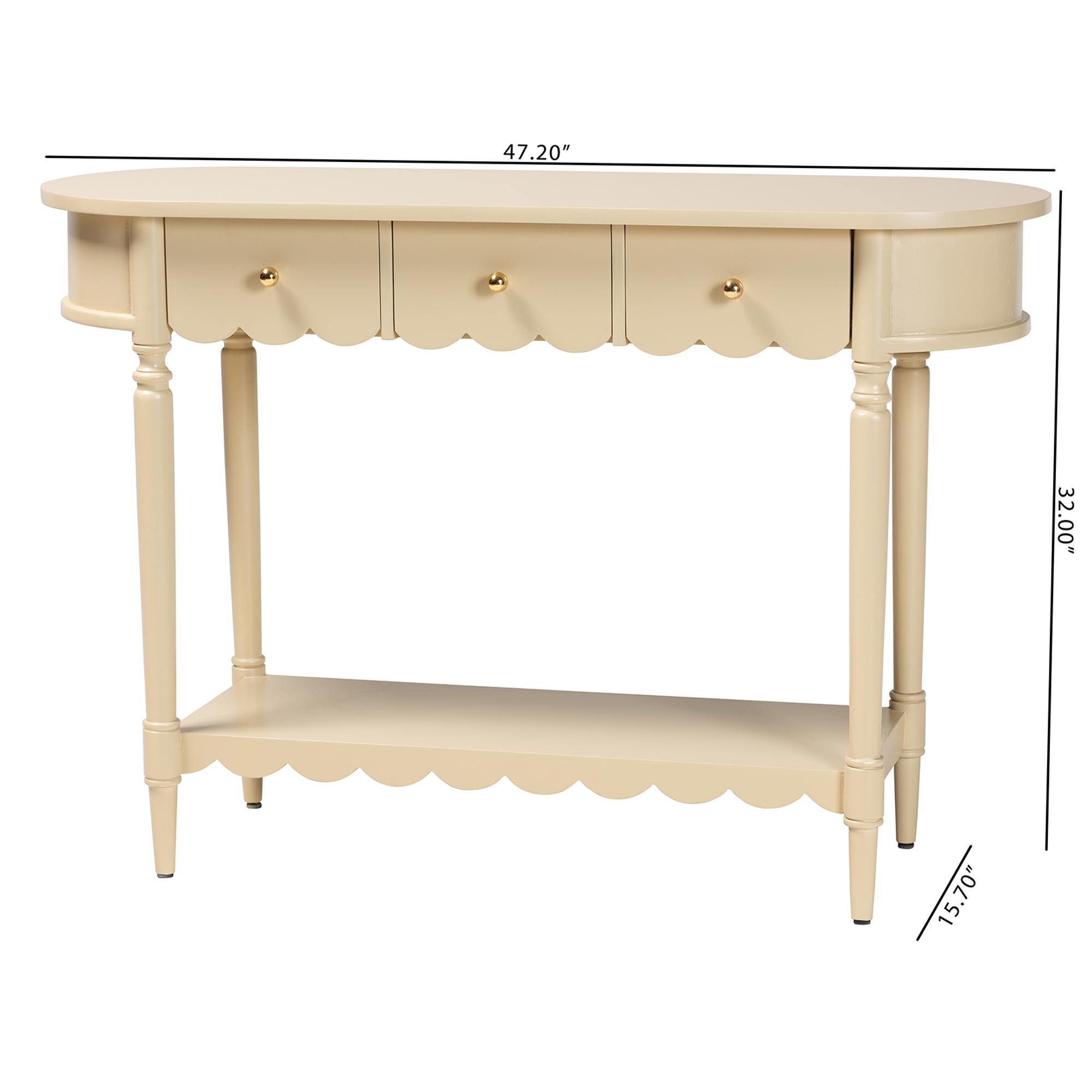 bali & pari Liba Console Table - 3-Drawer Accent Table with Scalloped Detailing and Open Shelf Storage for Hallway, Entryway, or Living Room