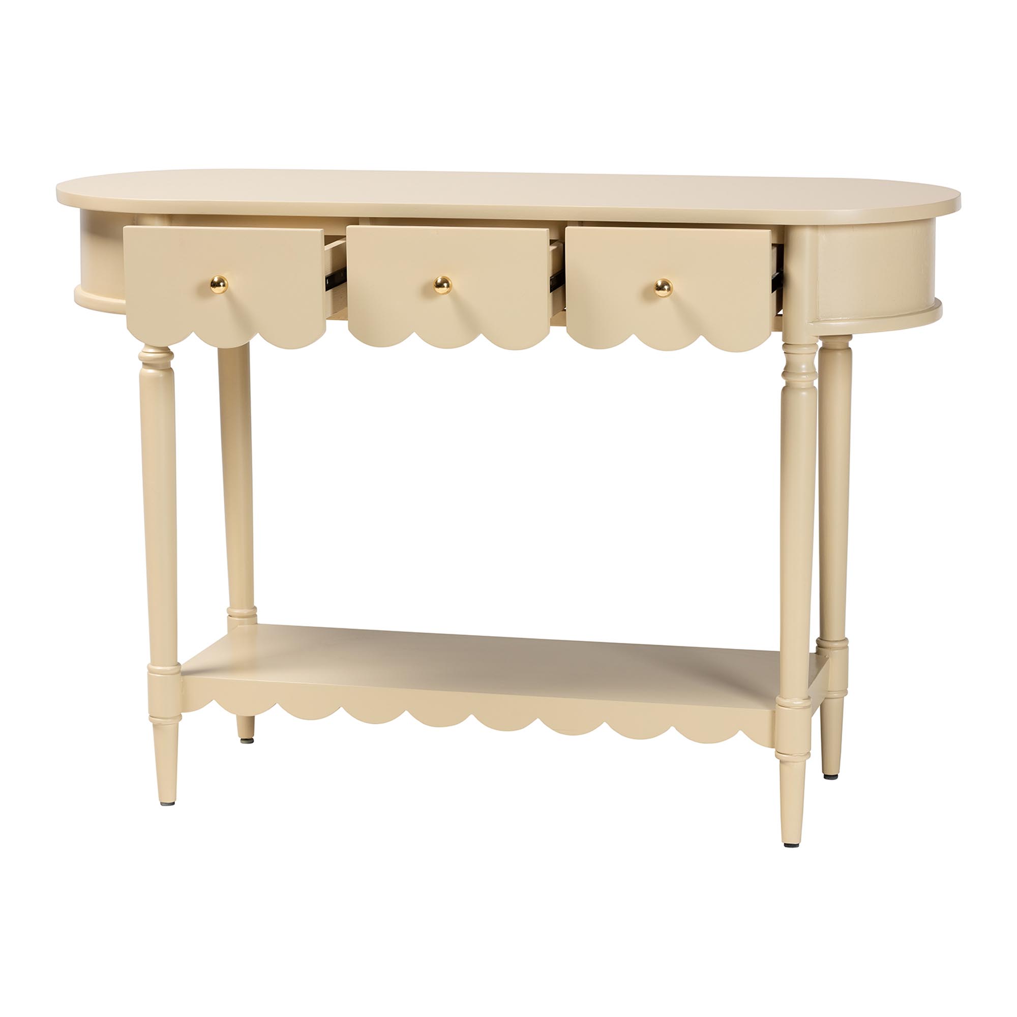 bali & pari Liba Console Table - 3-Drawer Accent Table with Scalloped Detailing and Open Shelf Storage for Hallway, Entryway, or Living Room