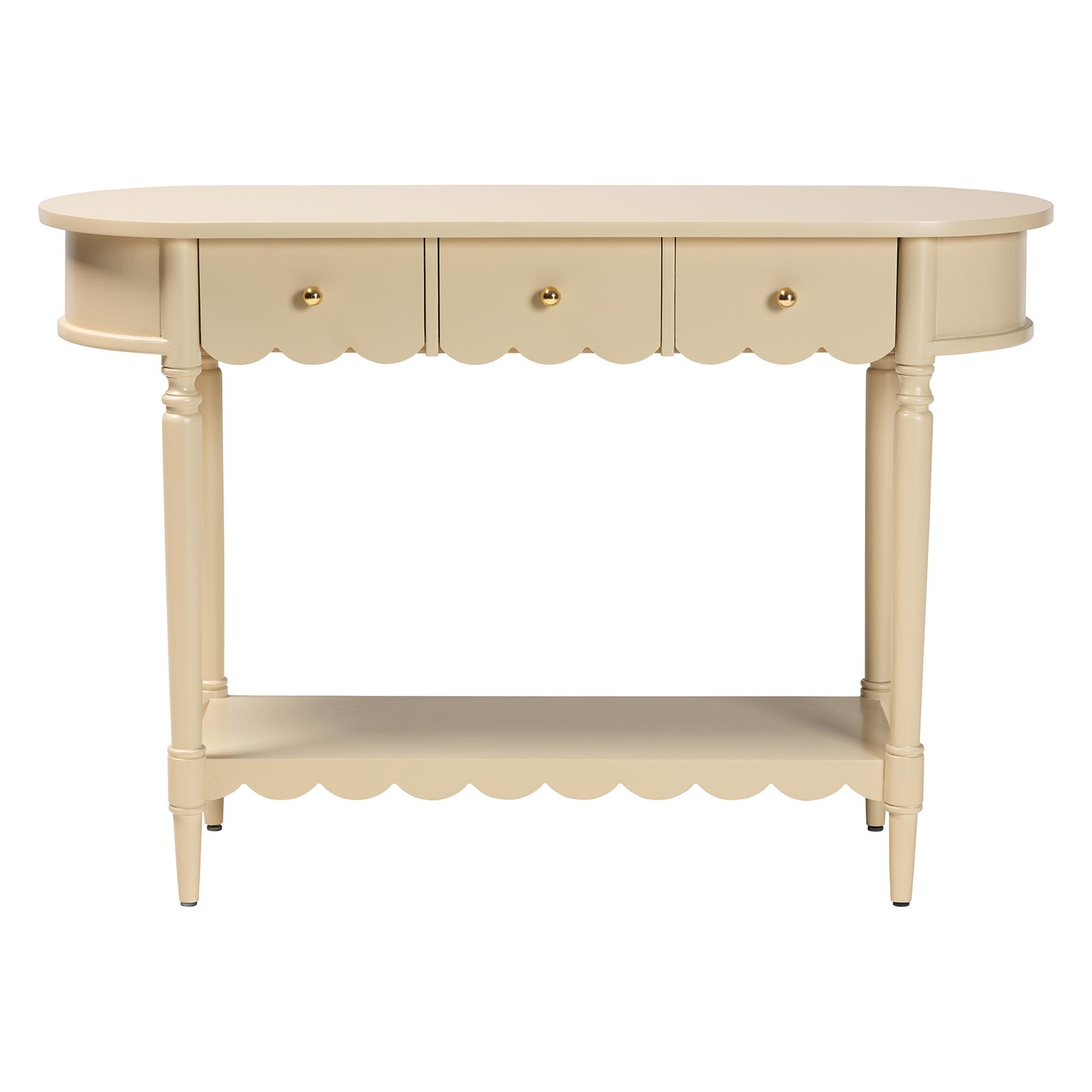 bali & pari Liba Console Table - 3-Drawer Accent Table with Scalloped Detailing and Open Shelf Storage for Hallway, Entryway, or Living Room