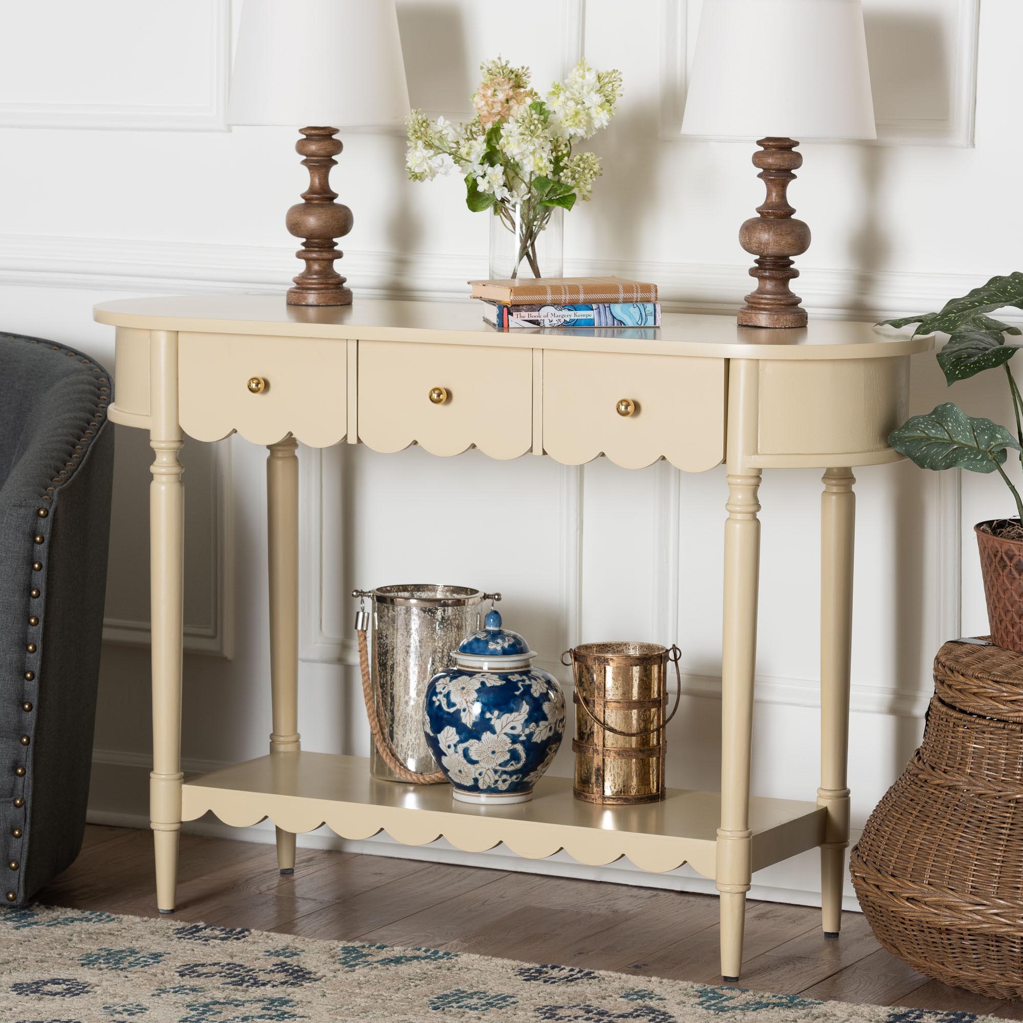 bali & pari Liba Console Table - 3-Drawer Accent Table with Scalloped Detailing and Open Shelf Storage for Hallway, Entryway, or Living Room