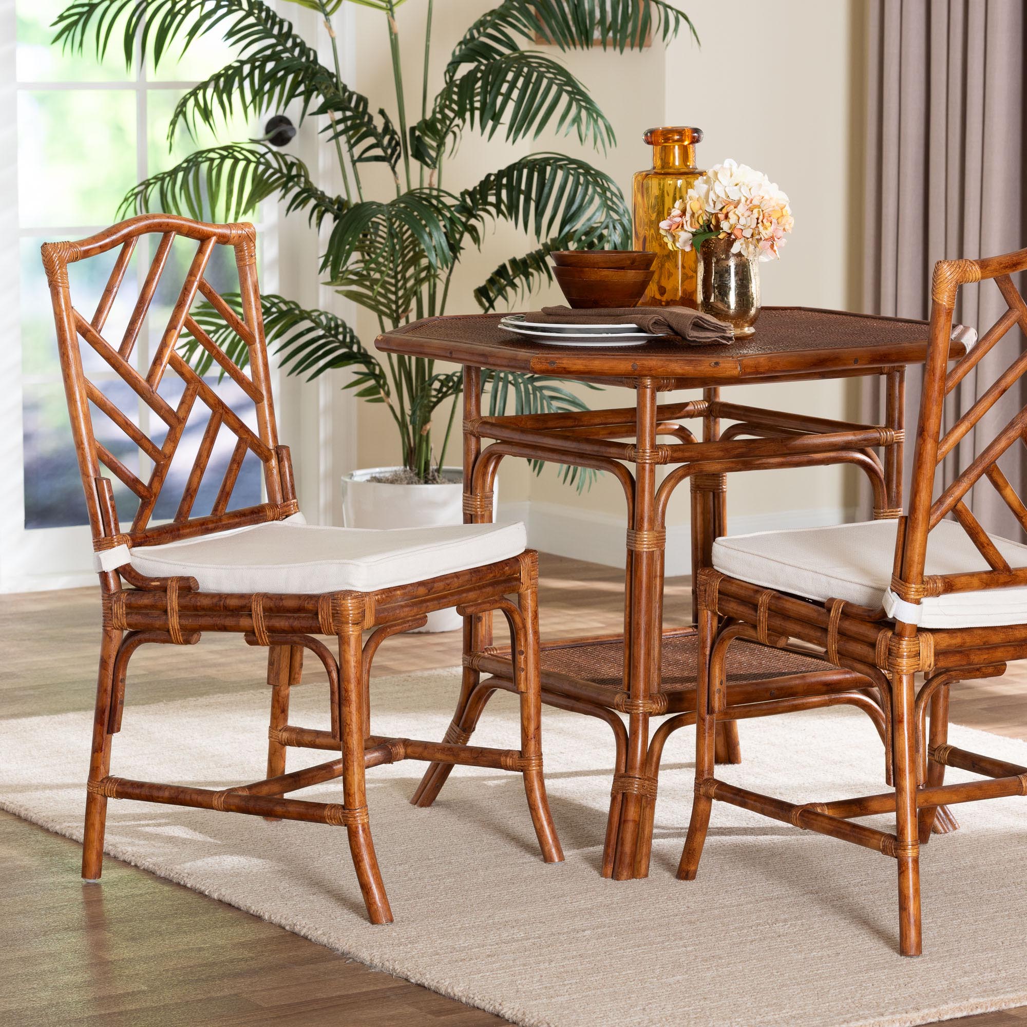 bali & pari Rio Marbled Tortoise Natural Rattan Dining Chair - Handwoven Wicker Accent Side Chair with Removable Cushion, for Dining Room or Accent Seating