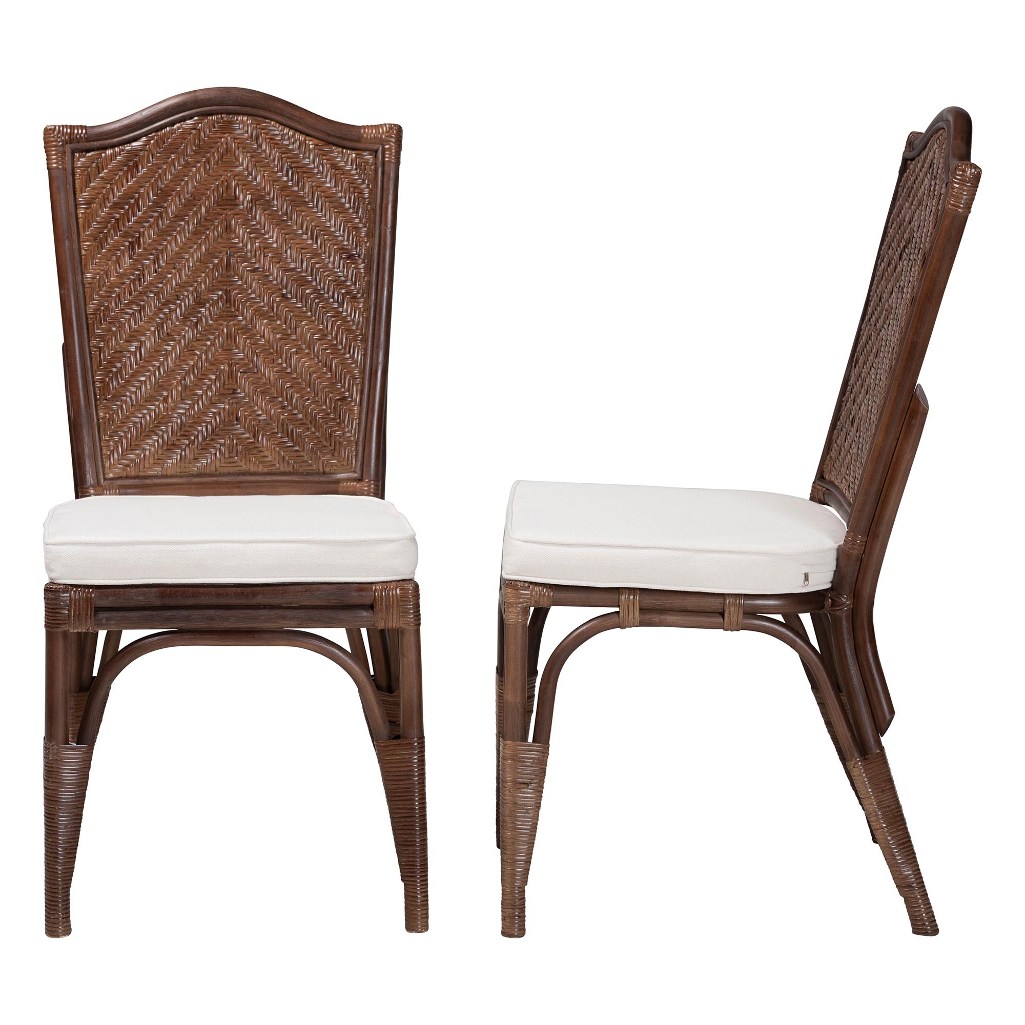 bali & pari Mahdis Natural Rattan 2-Piece Dining Chair Set with Cushion - Handwoven Wicker Accent Chair with Woven Chevron Back for Kitchen or Dining Room