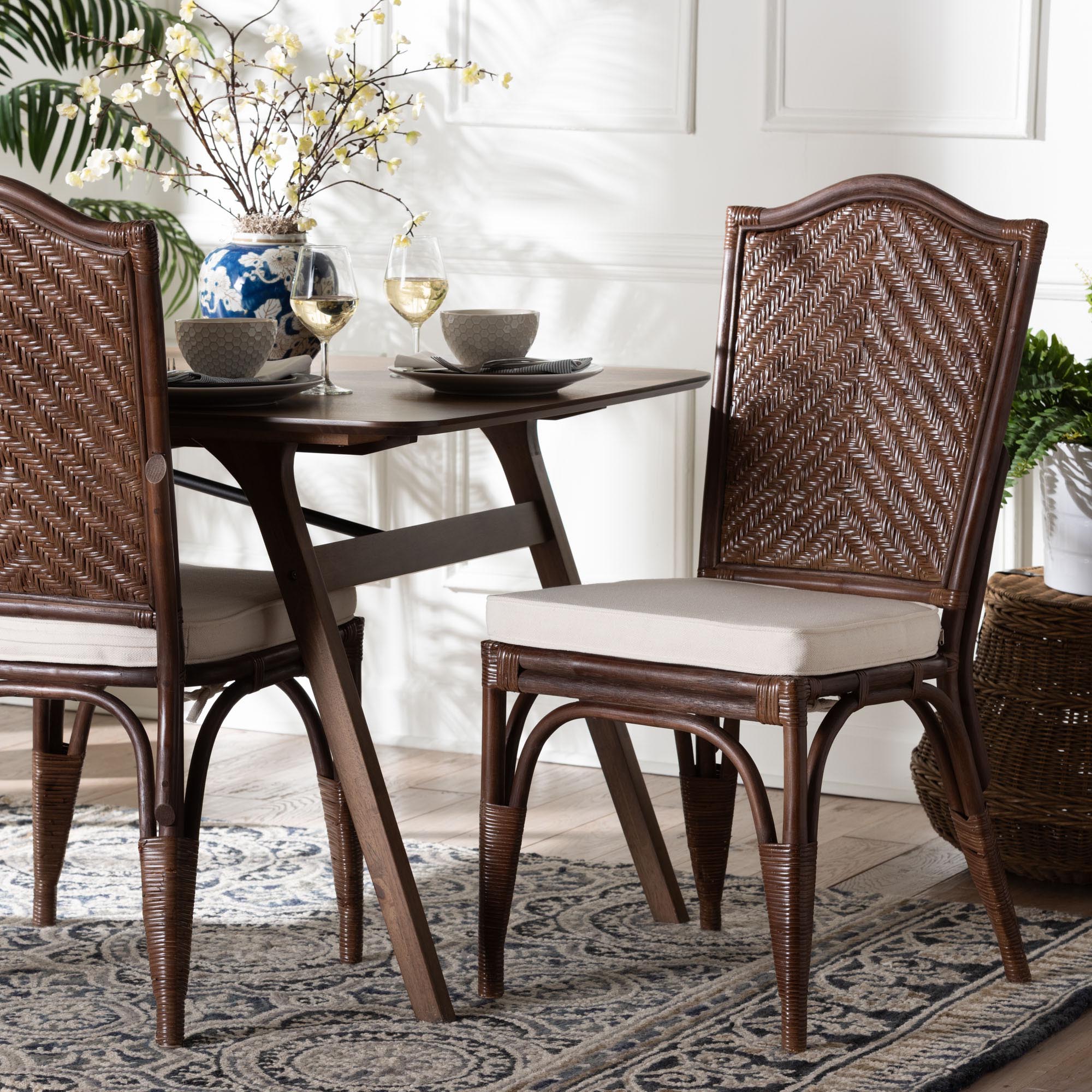 bali & pari Mahdis Natural Rattan 2-Piece Dining Chair Set with Cushion - Handwoven Wicker Accent Chair with Woven Chevron Back for Kitchen or Dining Room