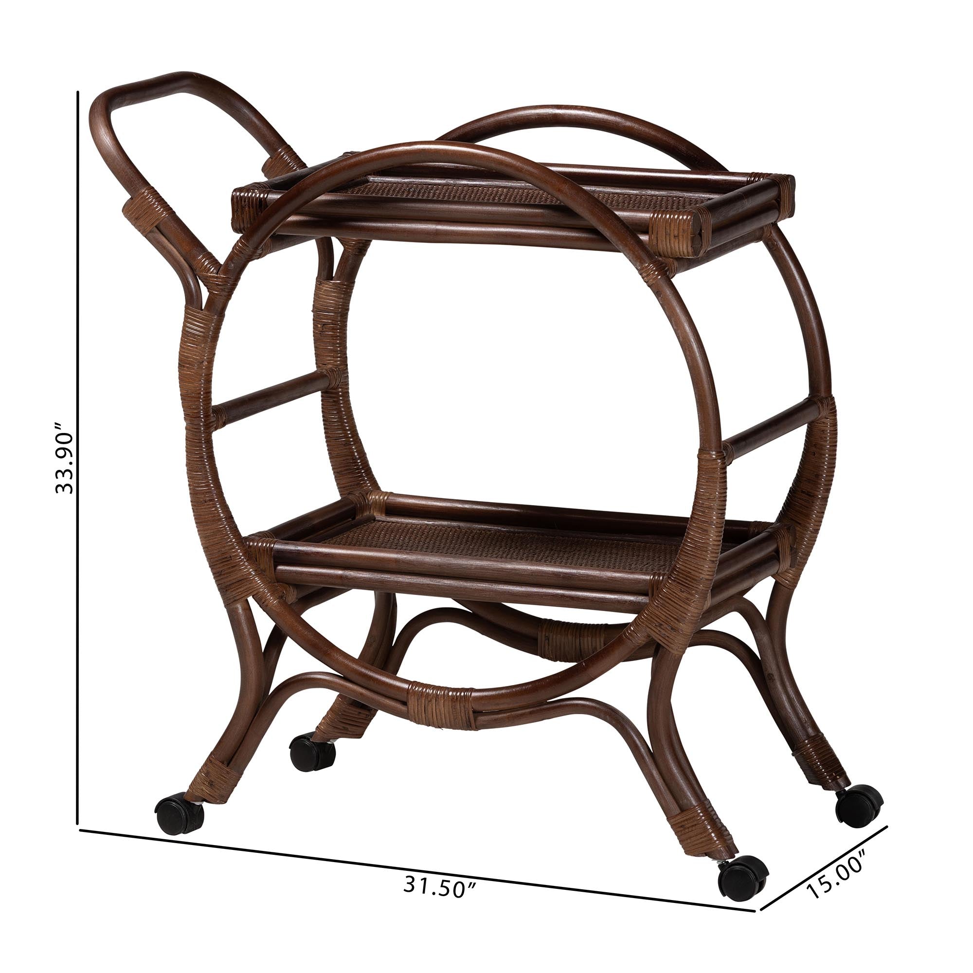 bali & pari Selah Natural Rattan Kitchen Cart - Handwoven Wicker 2-Tier Mobile Serving Cart with Tray Top