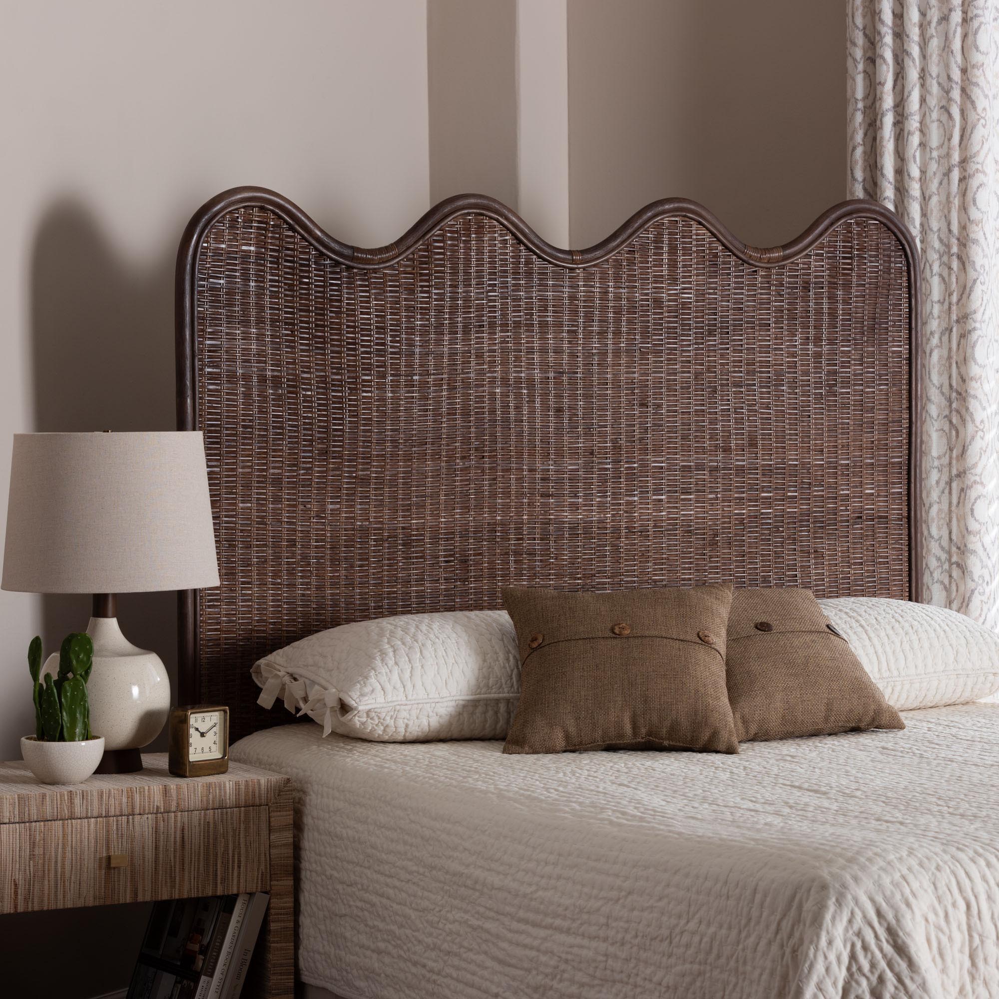 bali & pari Einya Natural Rattan Standalone Headboard - Handwoven Wicker Panel Headboard with Wavy Scalloped Top, King