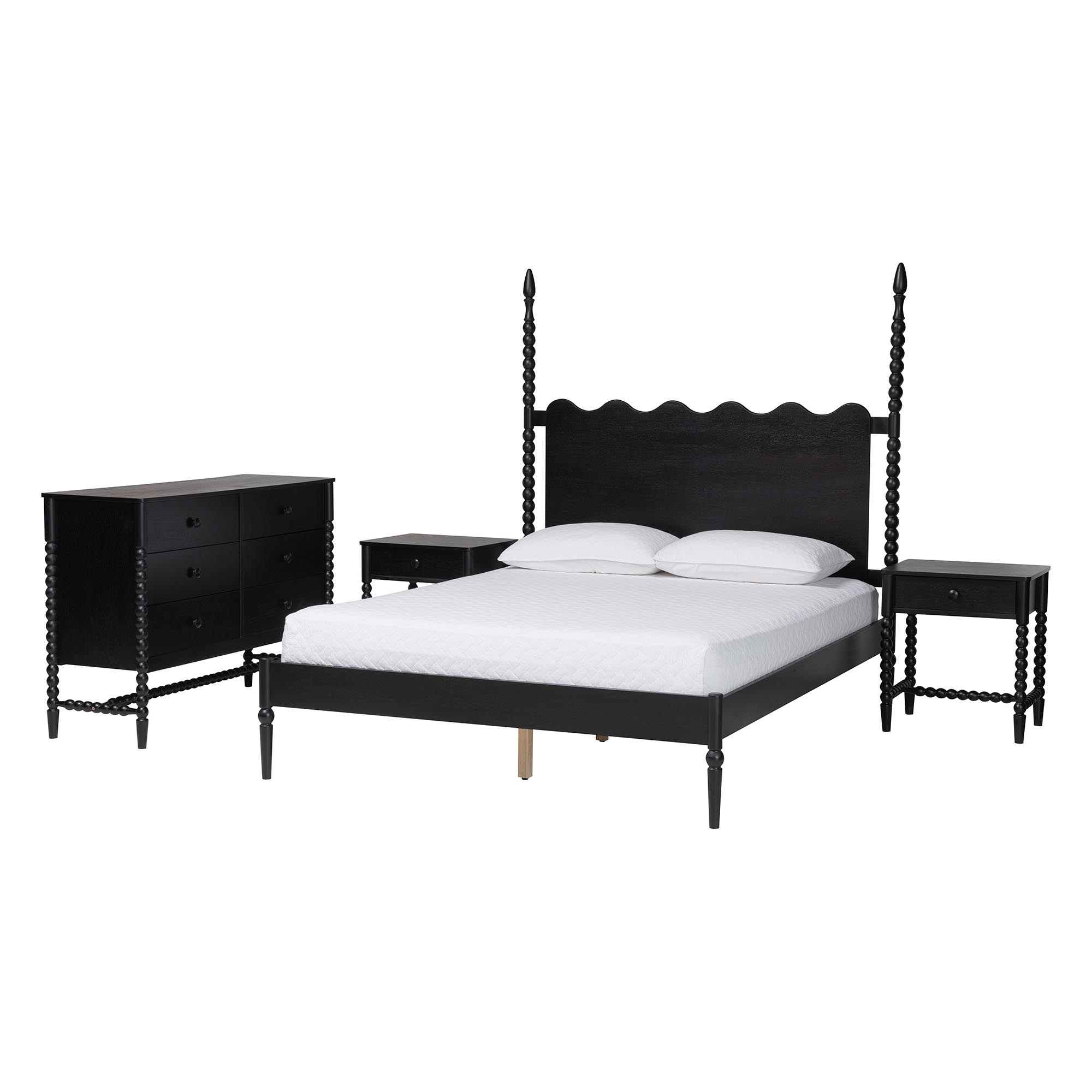 Baxton Studio Brantley Spindle 4-Piece Bedroom Set - Farmhouse Bed Frame with Matching Dresser and 1-Drawer Nightstands, Black, King
