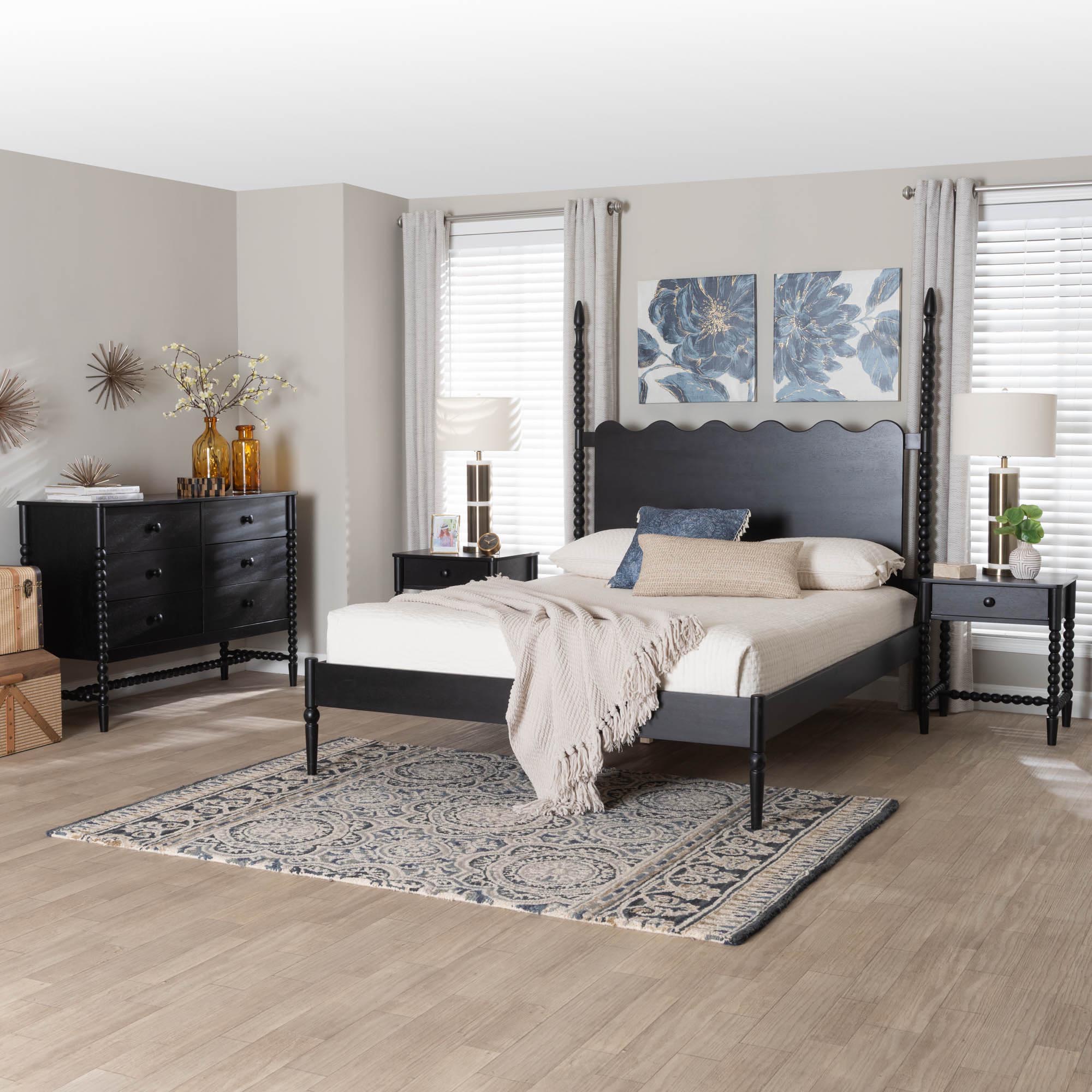 Baxton Studio Brantley Spindle 4-Piece Bedroom Set - Farmhouse Bed Frame with Matching Dresser and 1-Drawer Nightstands, Black, Queen