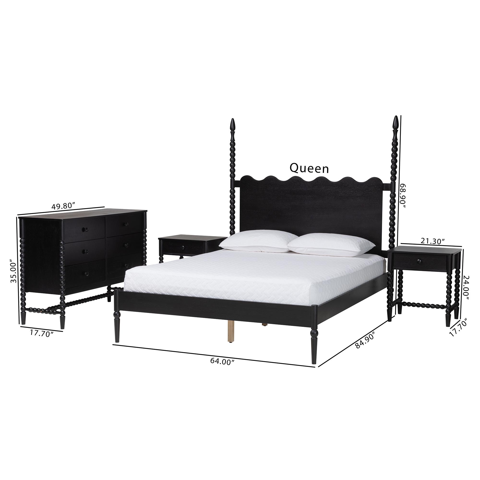 Baxton Studio Brantley Spindle 4-Piece Bedroom Set - Farmhouse Bed Frame with Matching Dresser and 1-Drawer Nightstands, Black, King