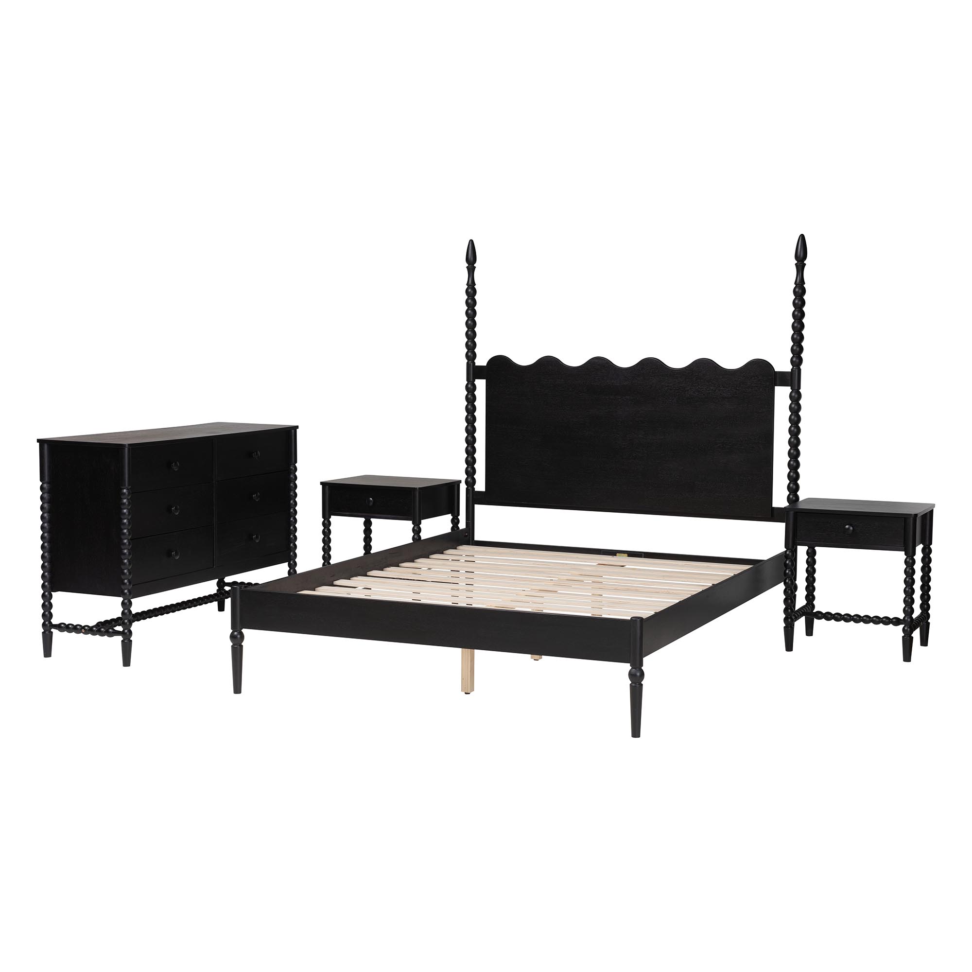 Baxton Studio Brantley Spindle 4-Piece Bedroom Set - Farmhouse Bed Frame with Matching Dresser and 1-Drawer Nightstands, Black, Queen