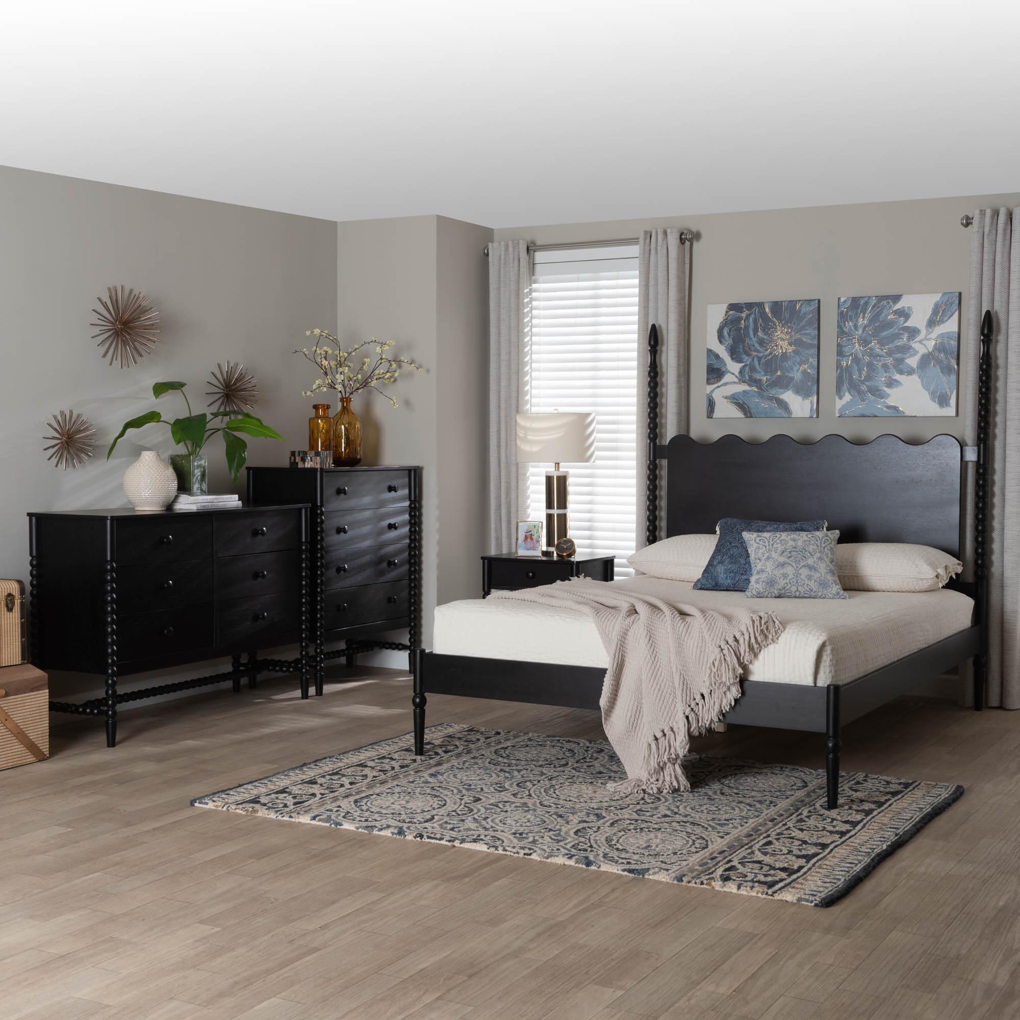 Baxton Studio Brantley Spindle 4-Piece Bedroom Set - Farmhouse Bed Frame with Matching Dresser, Chest, and 1-Drawer Nightstand, Black, King