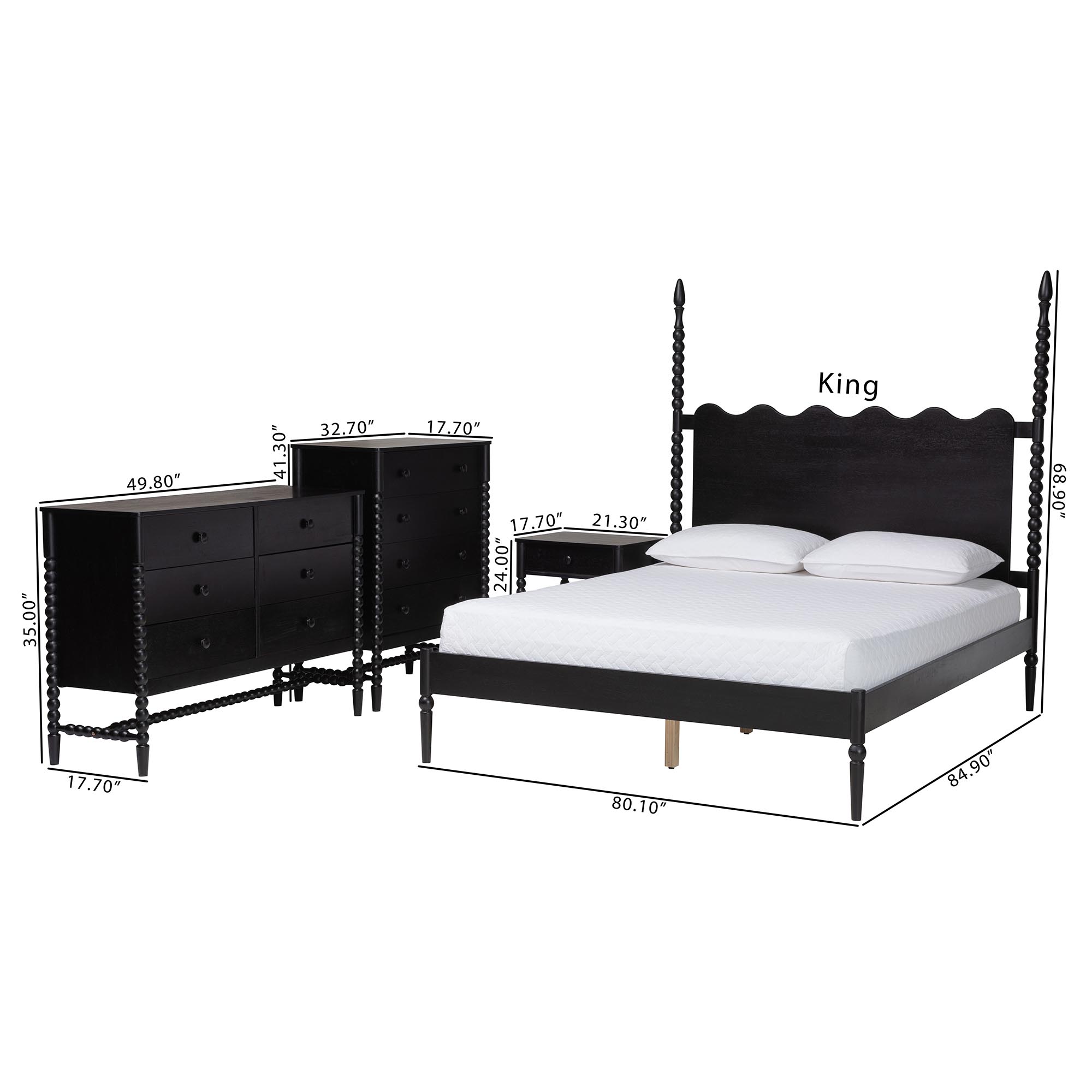 Baxton Studio Brantley Spindle 4-Piece Bedroom Set - Farmhouse Bed Frame with Matching Dresser, Chest, and 1-Drawer Nightstand, Black, Queen