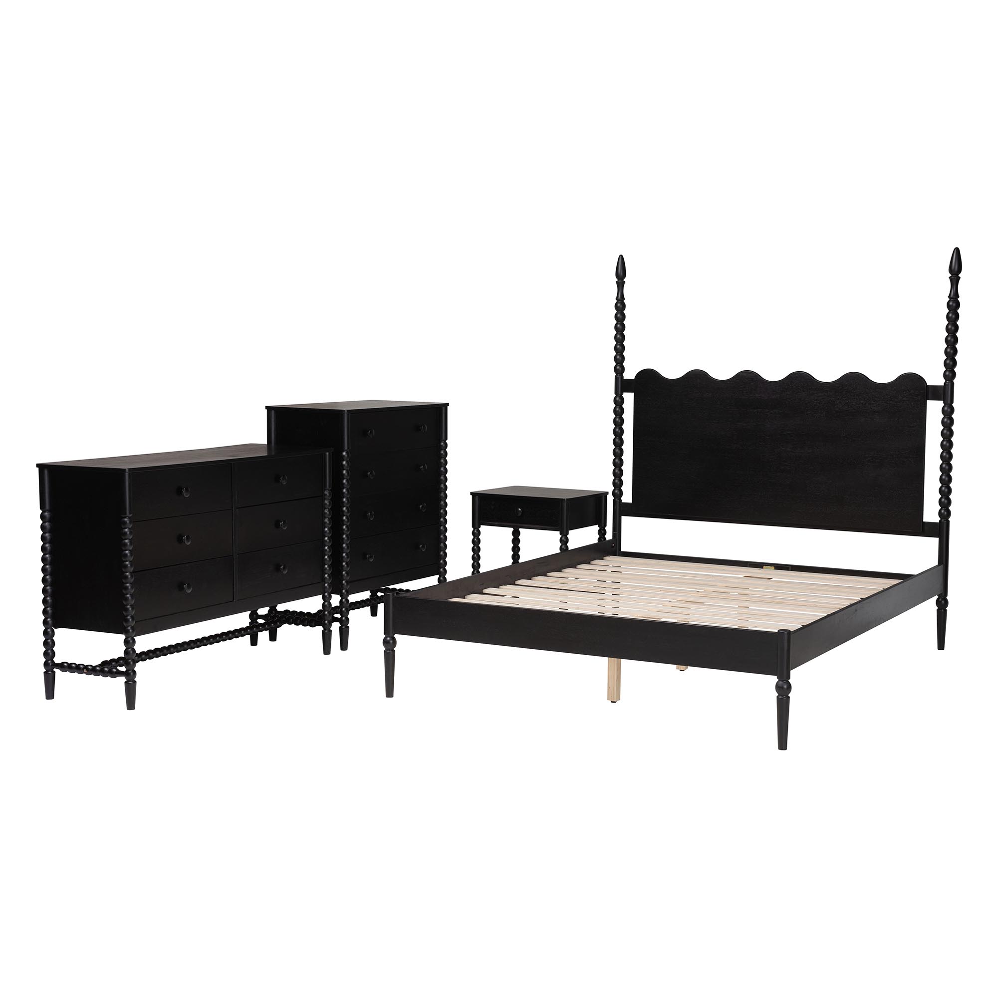 Baxton Studio Brantley Spindle 4-Piece Bedroom Set - Farmhouse Bed Frame with Matching Dresser, Chest, and 1-Drawer Nightstand, Black, Queen