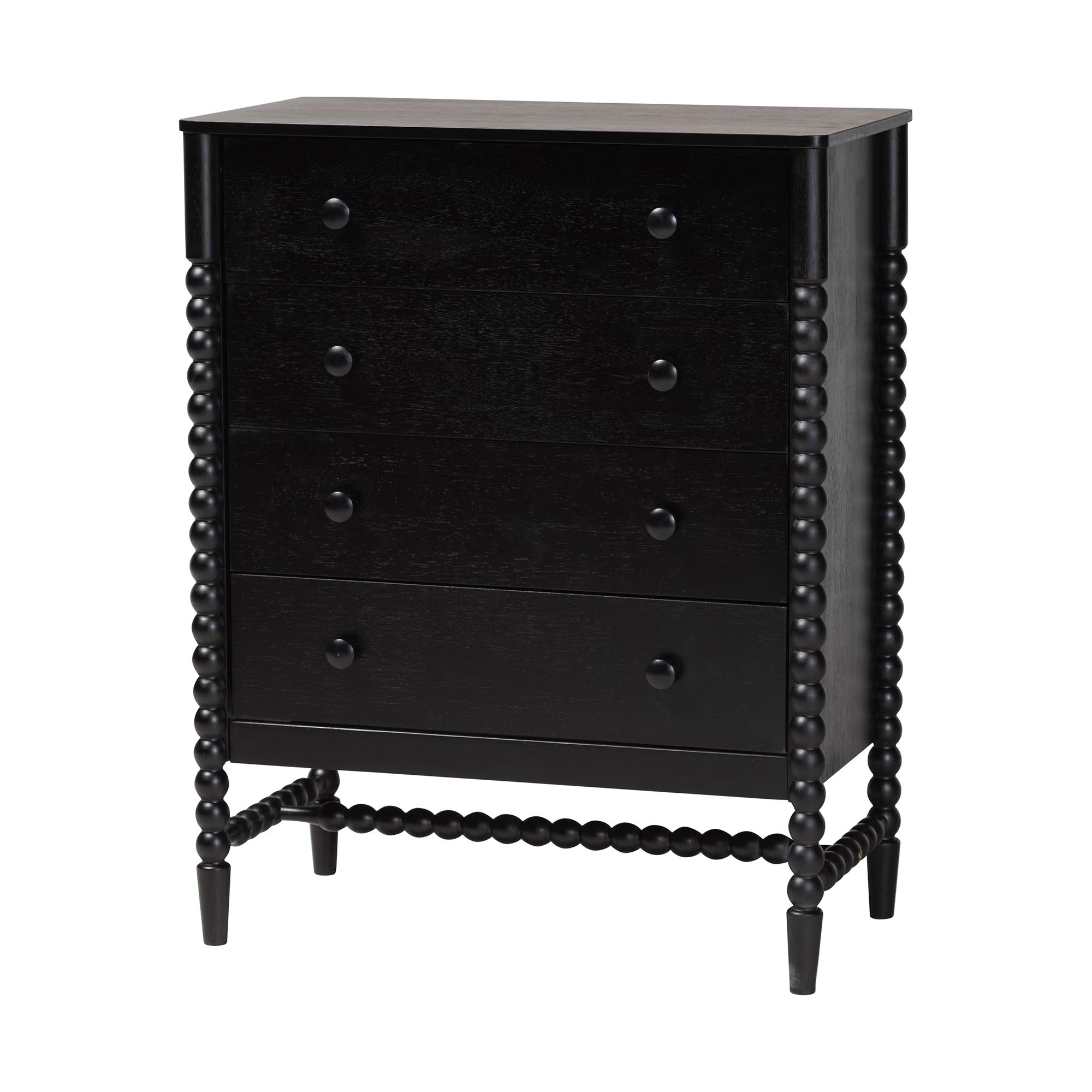 Baxton Studio Brantley Spindle 4-Piece Bedroom Set - Farmhouse Bed Frame with Matching Dresser, Chest, and 1-Drawer Nightstand, Black, Queen