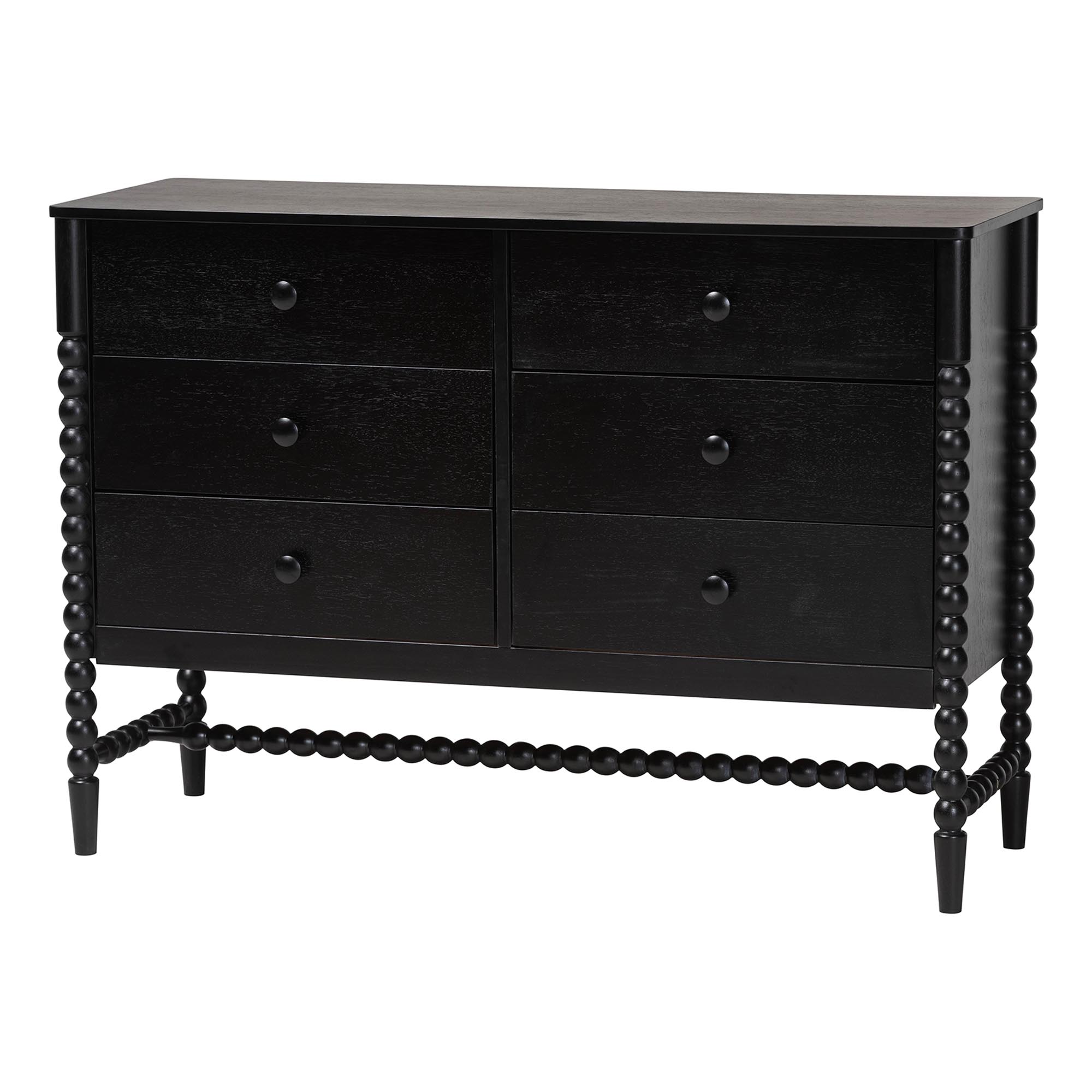 Baxton Studio Brantley Spindle 4-Piece Bedroom Set - Farmhouse Bed Frame with Matching Dresser, Chest, and 1-Drawer Nightstand, Black, Queen