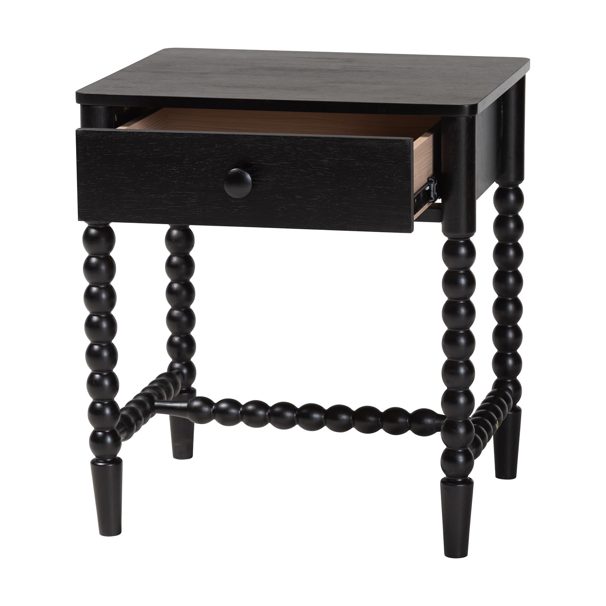 Baxton Studio Brantley Spindle Nightstand - 1-Drawer Bedside Table with Beaded Frame and Open Base for Bedroom, Black