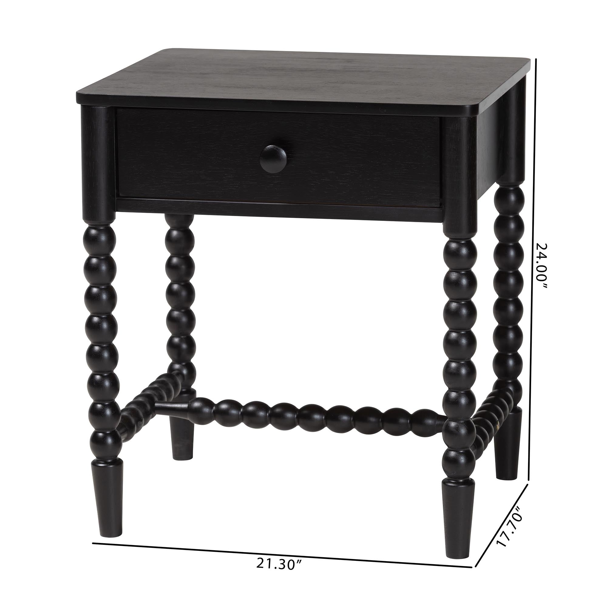 Baxton Studio Brantley Spindle Nightstand - 1-Drawer Bedside Table with Beaded Frame and Open Base for Bedroom, Black