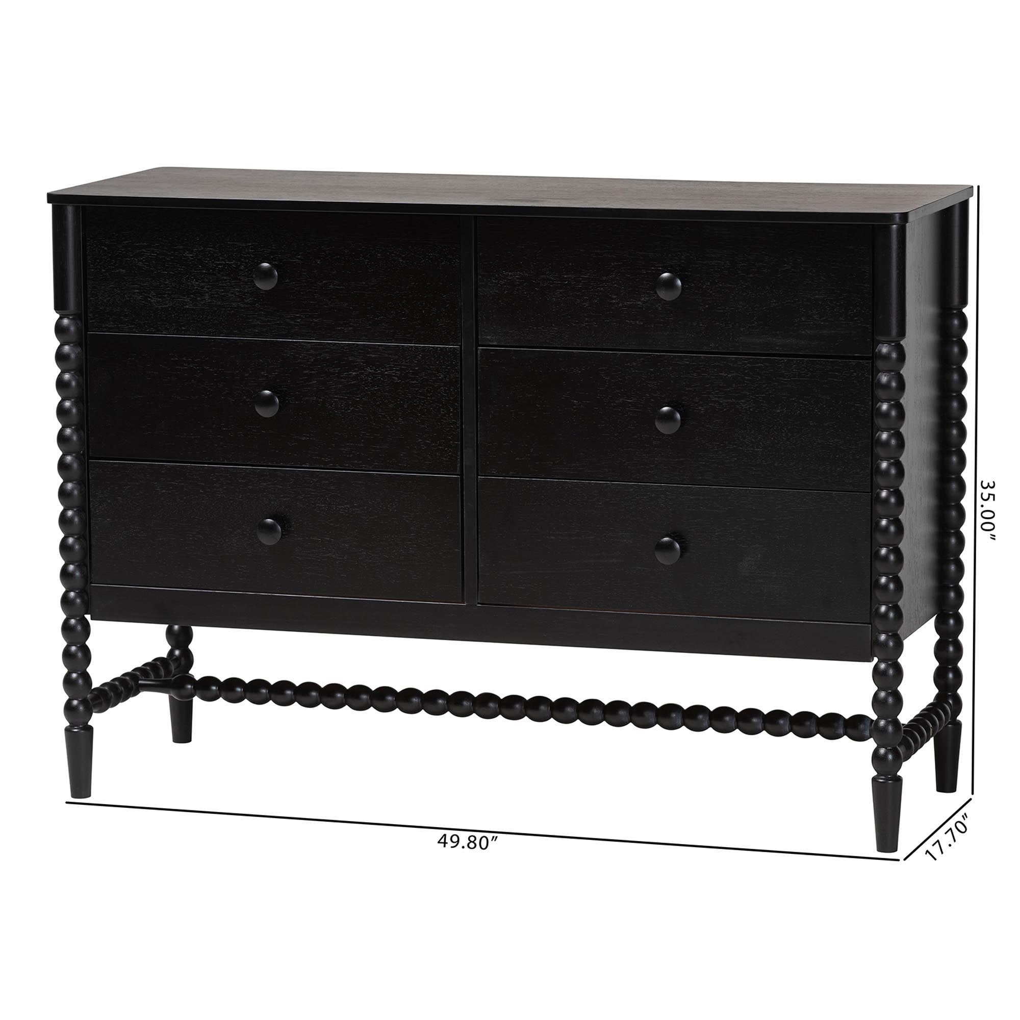 Baxton Studio Brantley Spindle Dresser - 6-Drawer Horizontal Storage Cabinet with Beaded Frame and Elevated Base for Bedroom, Black
